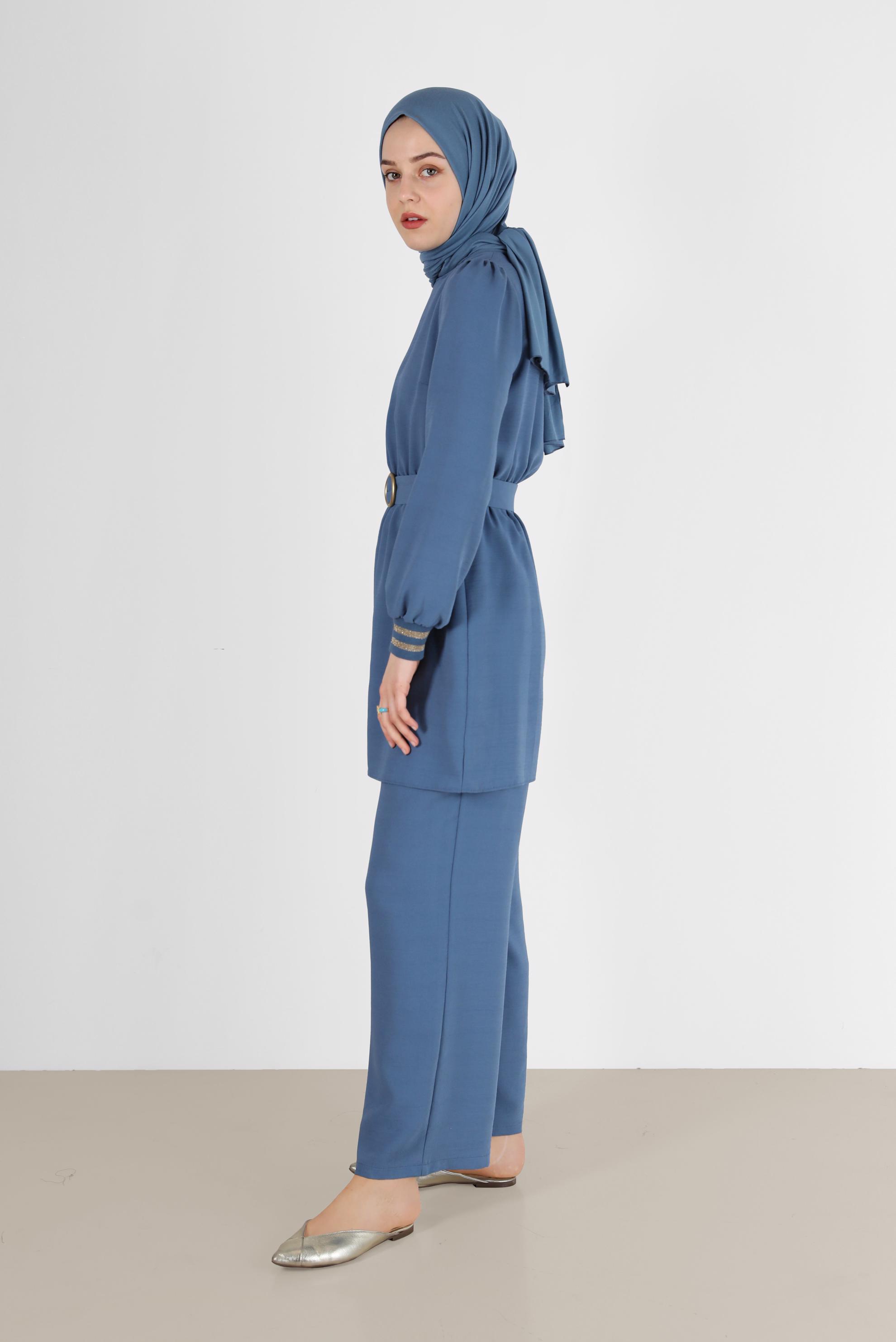 Tesettür giyim MAVİ SİMLİ PANTOLONLU TAKIM 40533