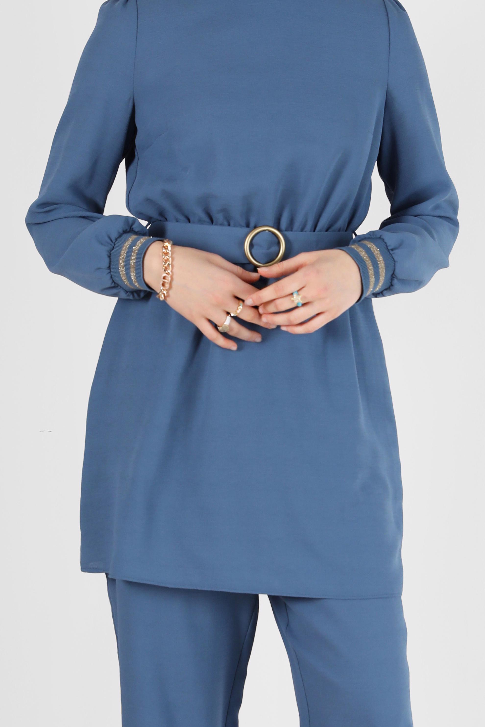 Tesettür giyim MAVİ SİMLİ PANTOLONLU TAKIM 40533