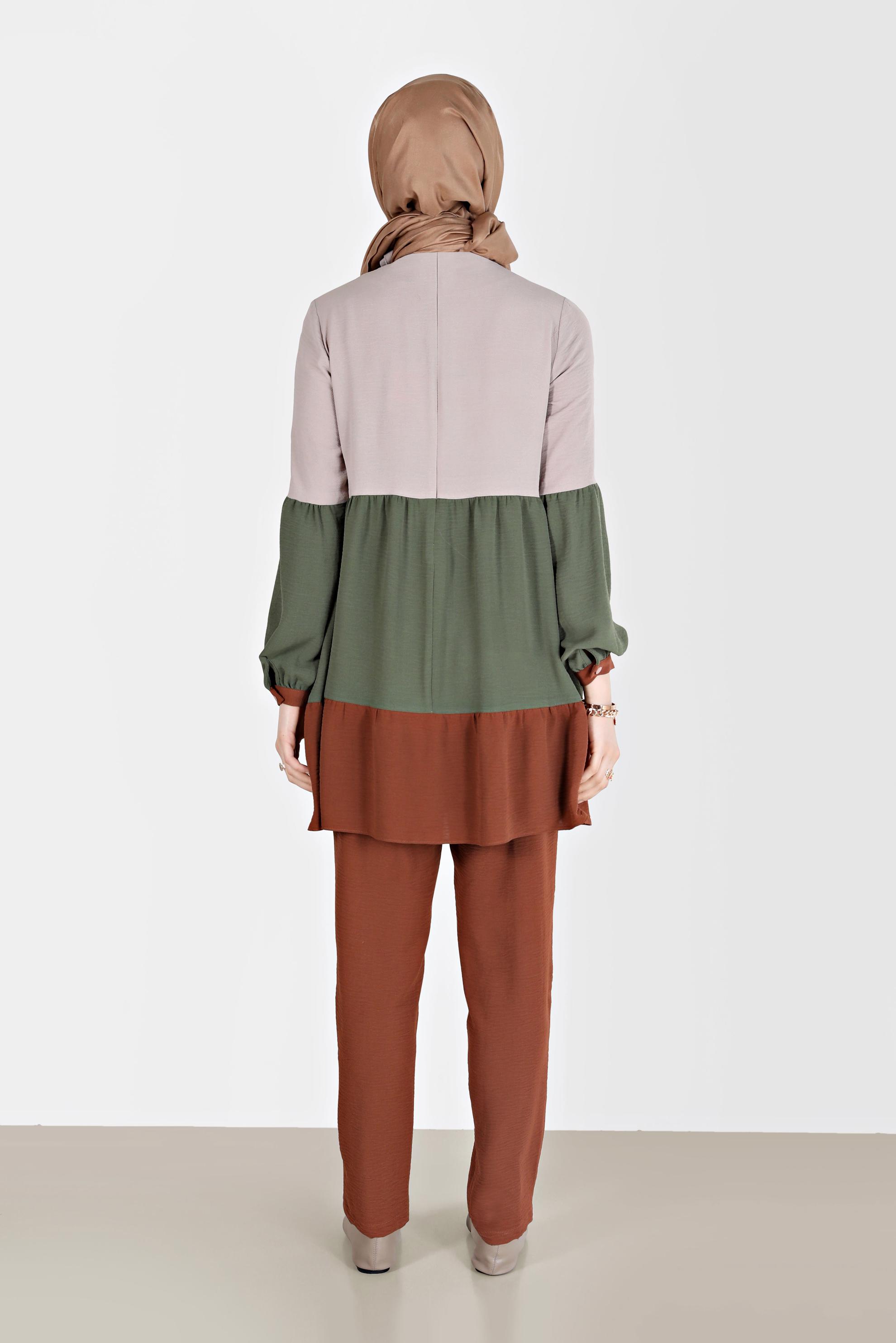 Tesettür giyim KAHVE BAĞLAMA DETAYLI RENK BLOKLU İKİLİ TAKIM 40669