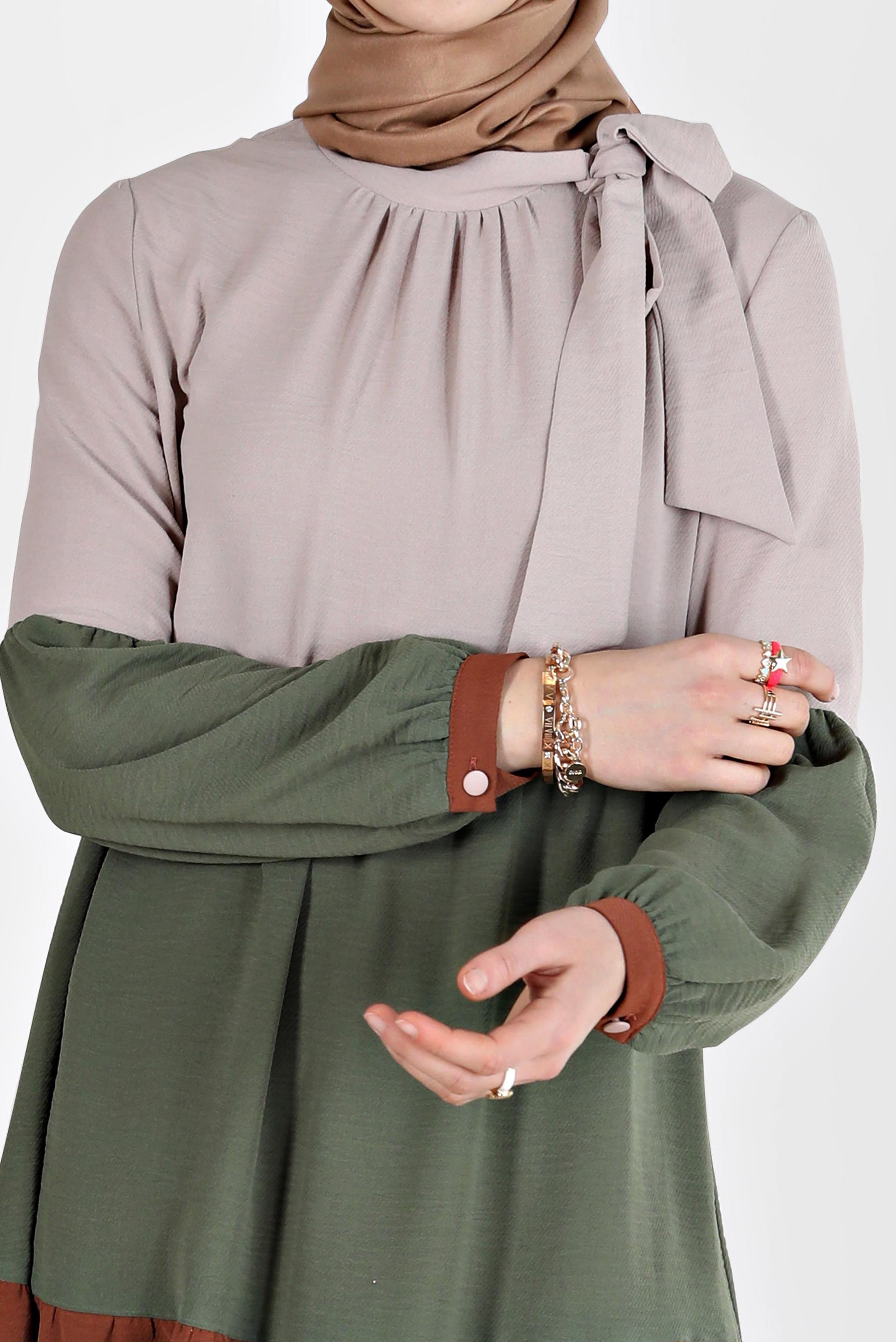 Tesettür giyim KAHVE BAĞLAMA DETAYLI RENK BLOKLU İKİLİ TAKIM 40669