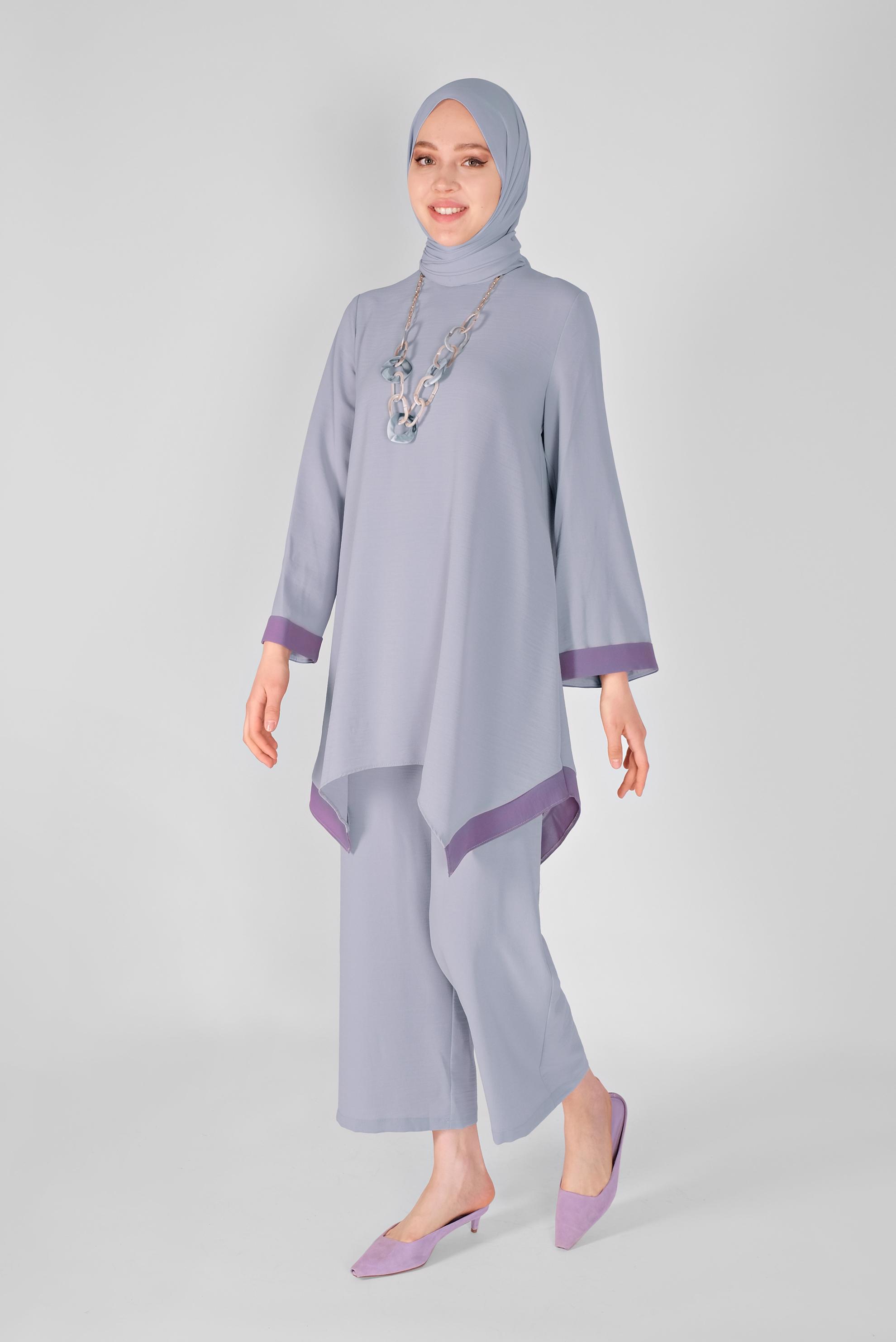 Tesettür giyim GRİ ASİMETRİK KESİM SALAŞ PANTOLONLU TAKIM 40784 