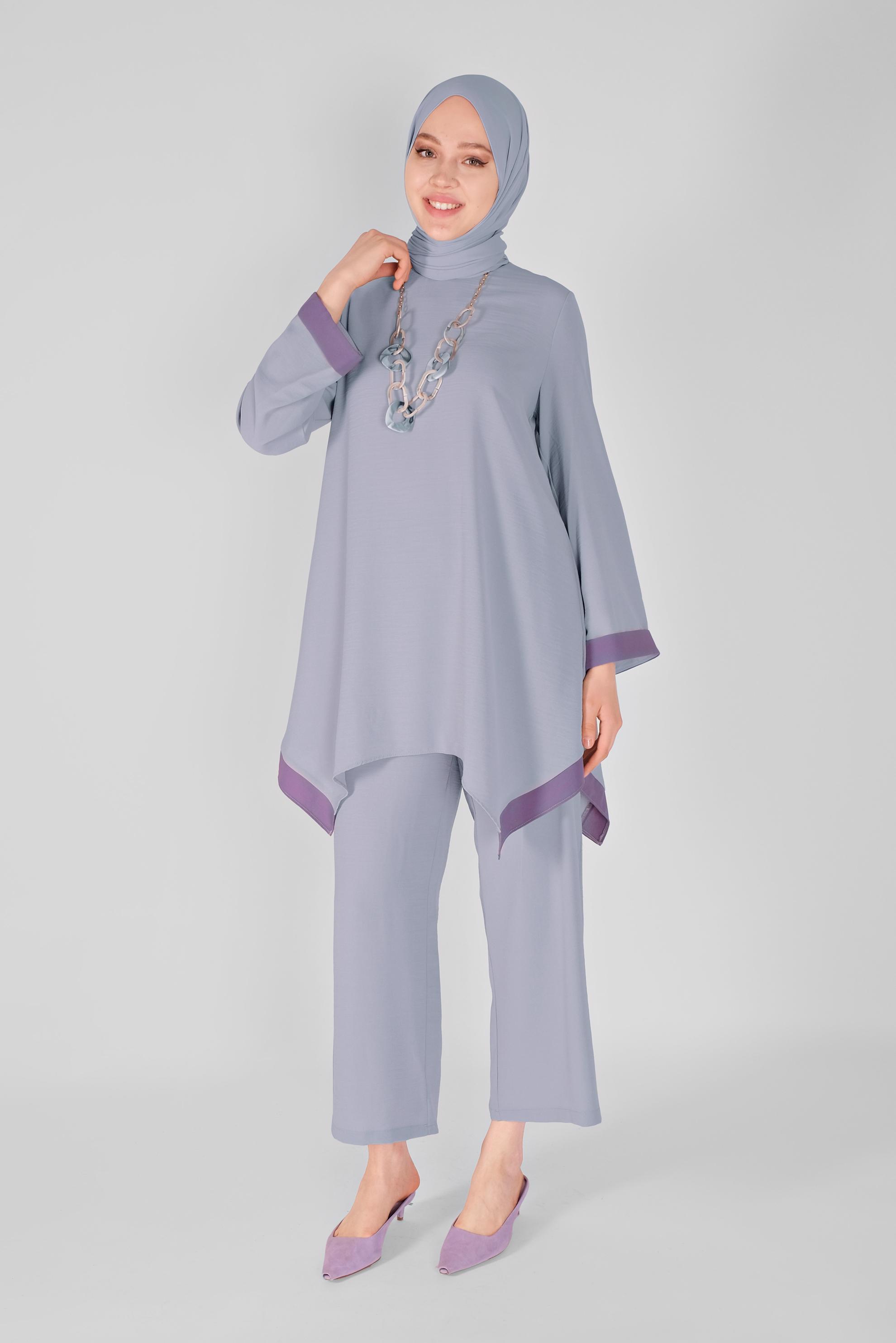 Tesettür giyim GRİ ASİMETRİK KESİM SALAŞ PANTOLONLU TAKIM 40784 