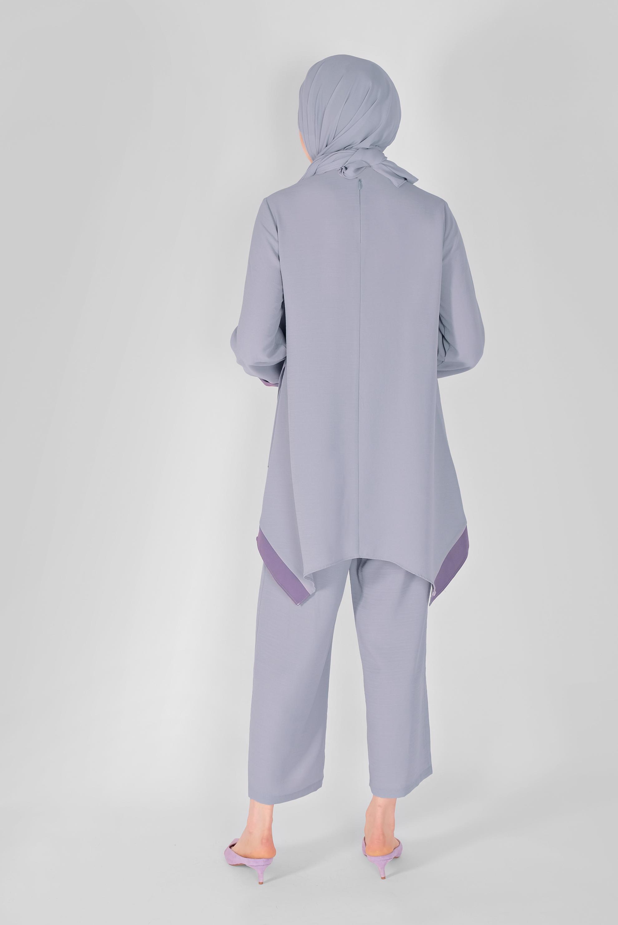 Tesettür giyim GRİ ASİMETRİK KESİM SALAŞ PANTOLONLU TAKIM 40784 