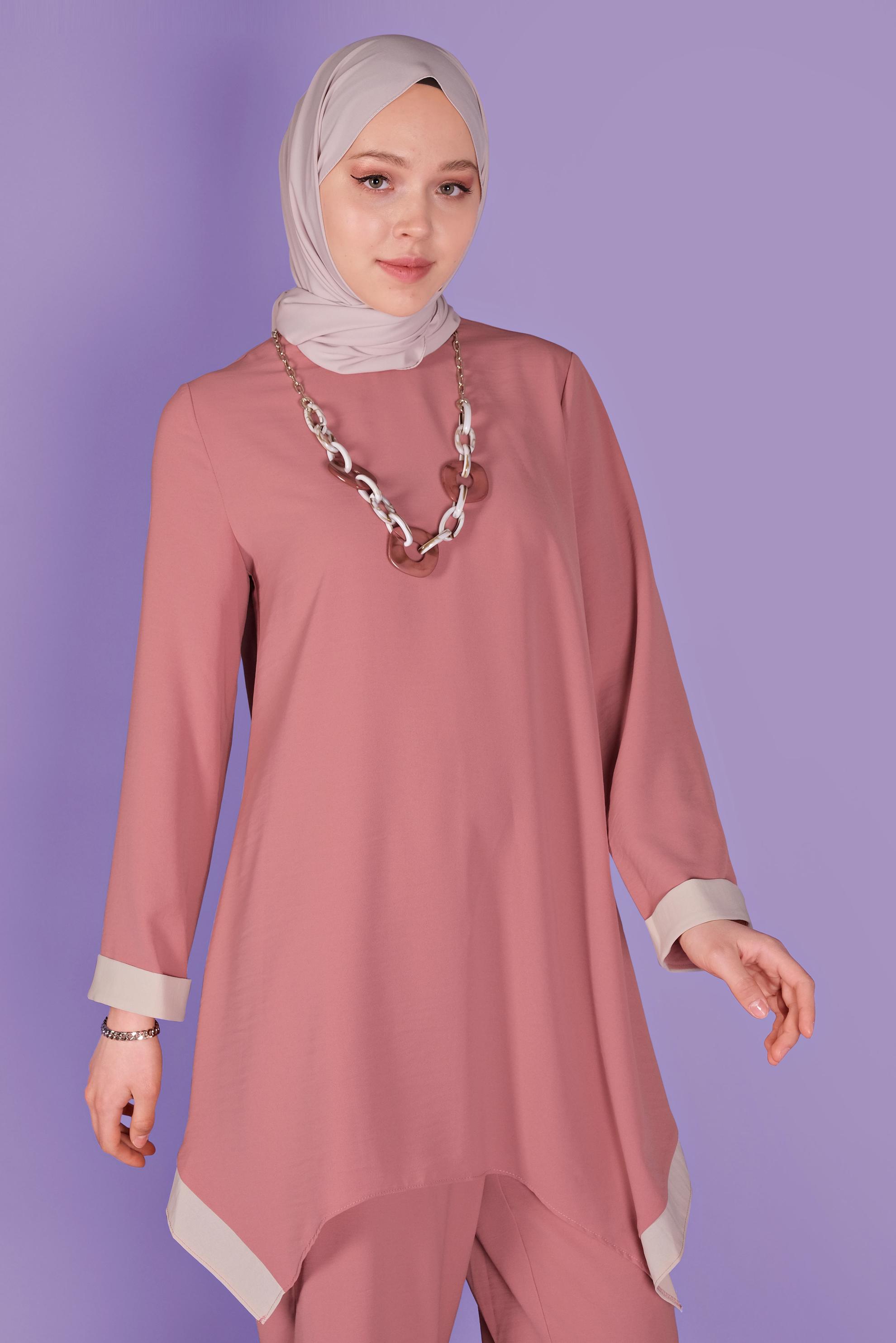 Tesettür giyim PEMBE ASİMETRİK KESİM SALAŞ PANTOLONLU TAKIM 40784 