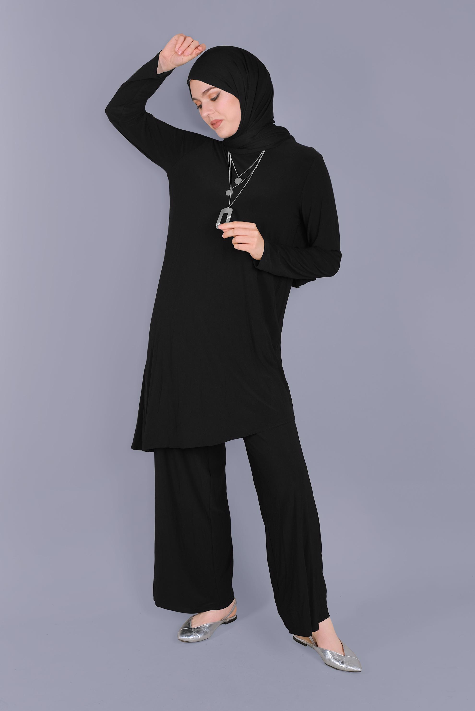 Tesettür giyim SİYAH ASİMETRİK KESİM İKİLİ PANTOLON TAKIMI 40785