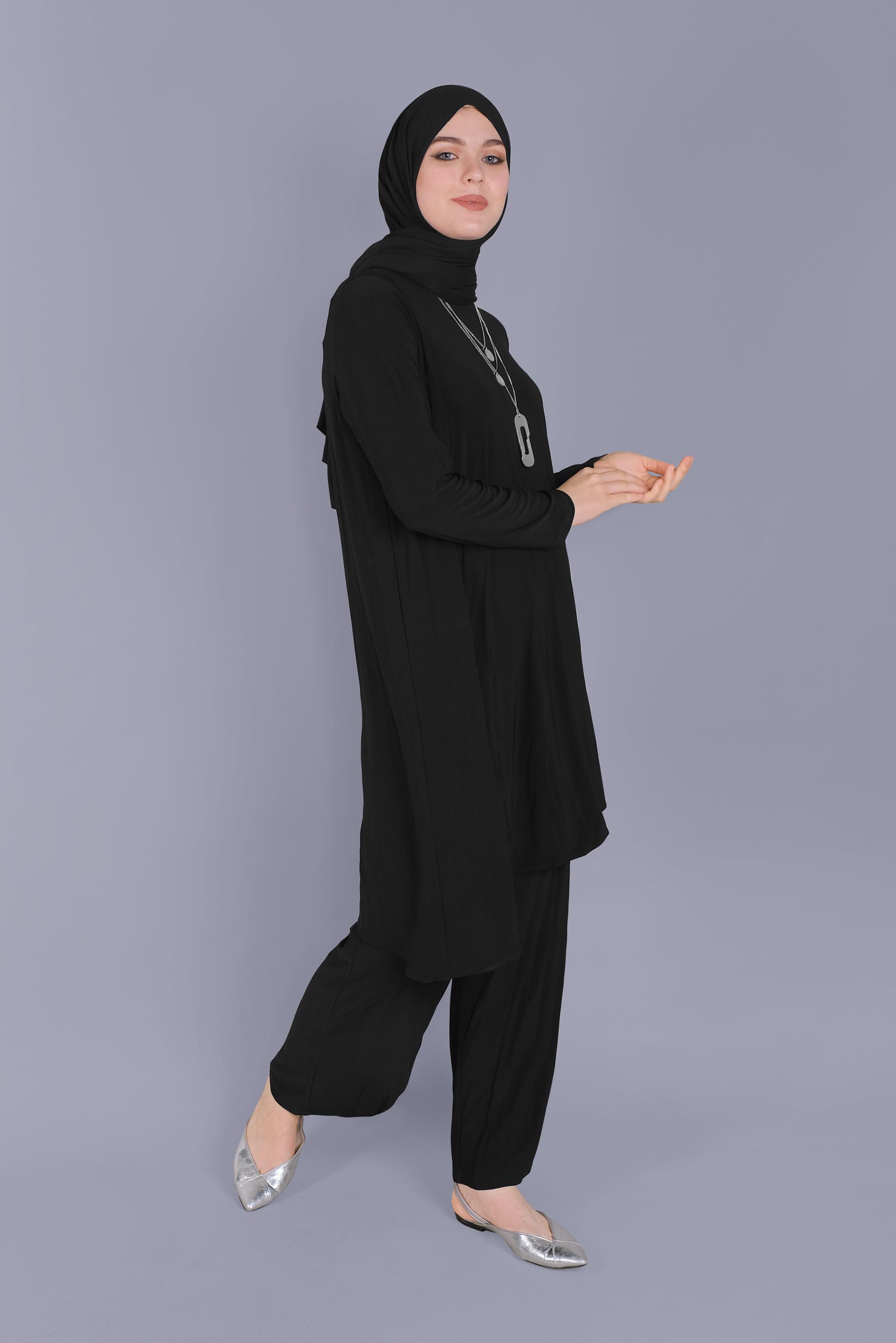 Tesettür giyim SİYAH ASİMETRİK KESİM İKİLİ PANTOLON TAKIMI 40785
