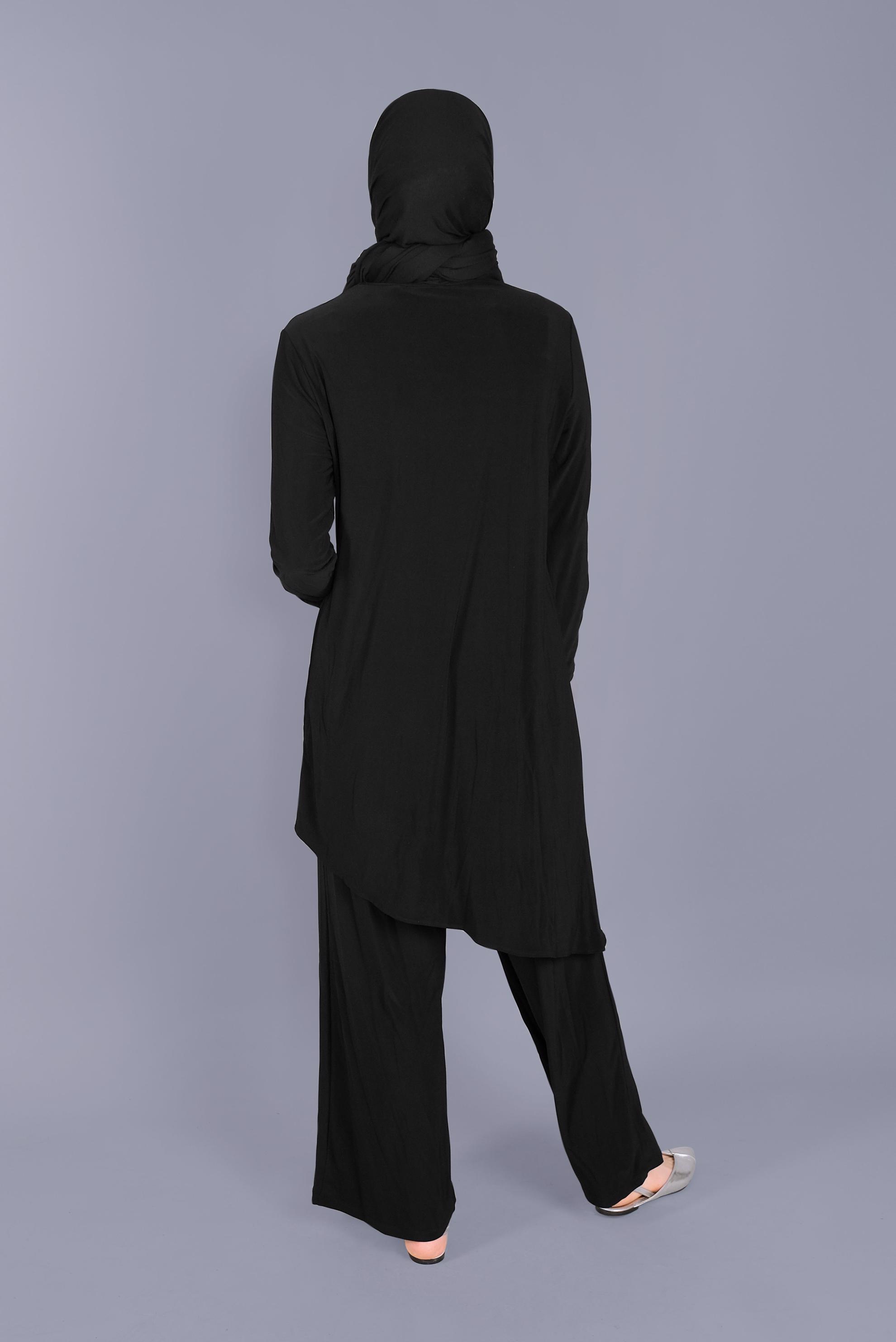 Tesettür giyim SİYAH ASİMETRİK KESİM İKİLİ PANTOLON TAKIMI 40785