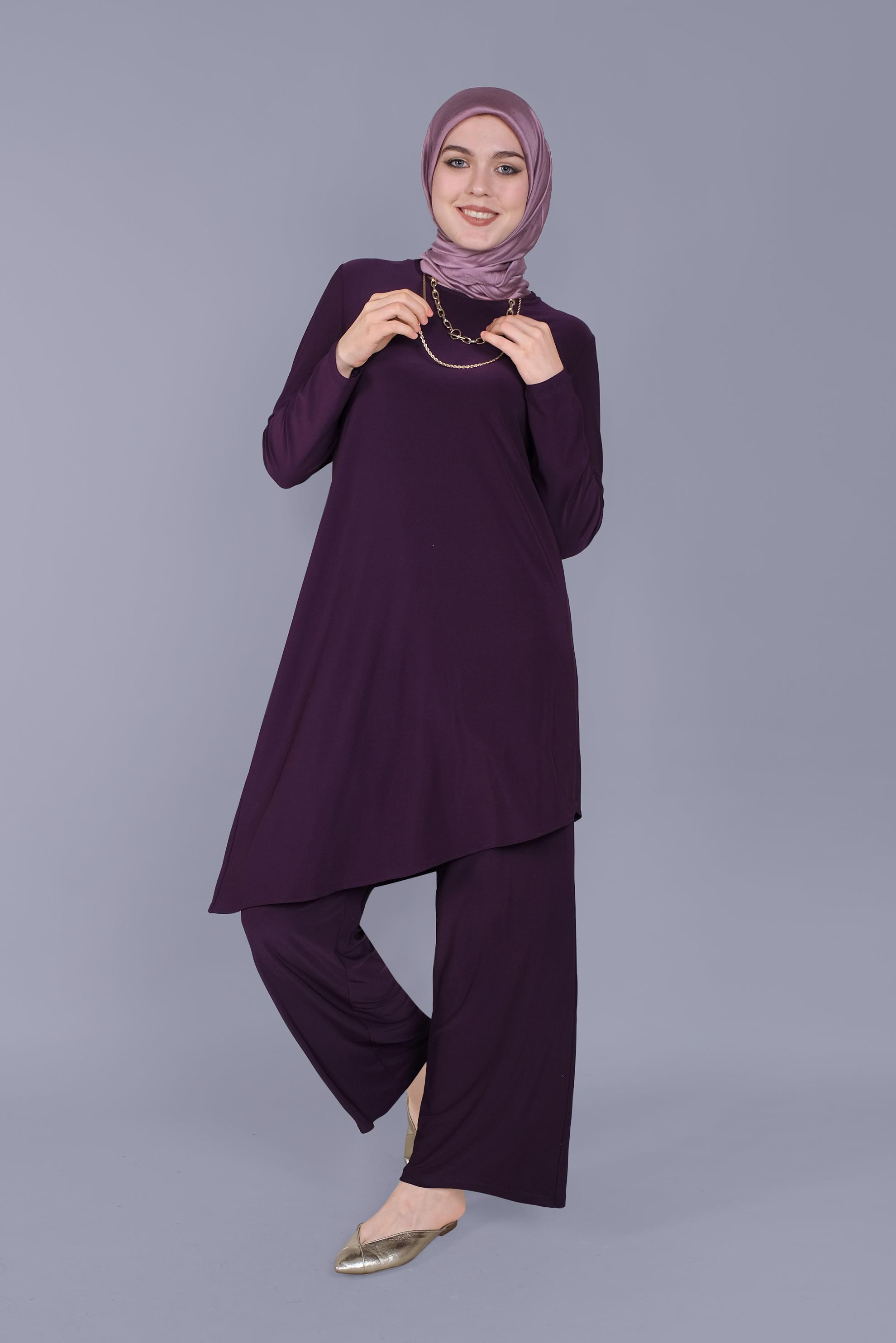 Tesettür giyim MOR ASİMETRİK KESİM İKİLİ PANTOLON TAKIMI 40785