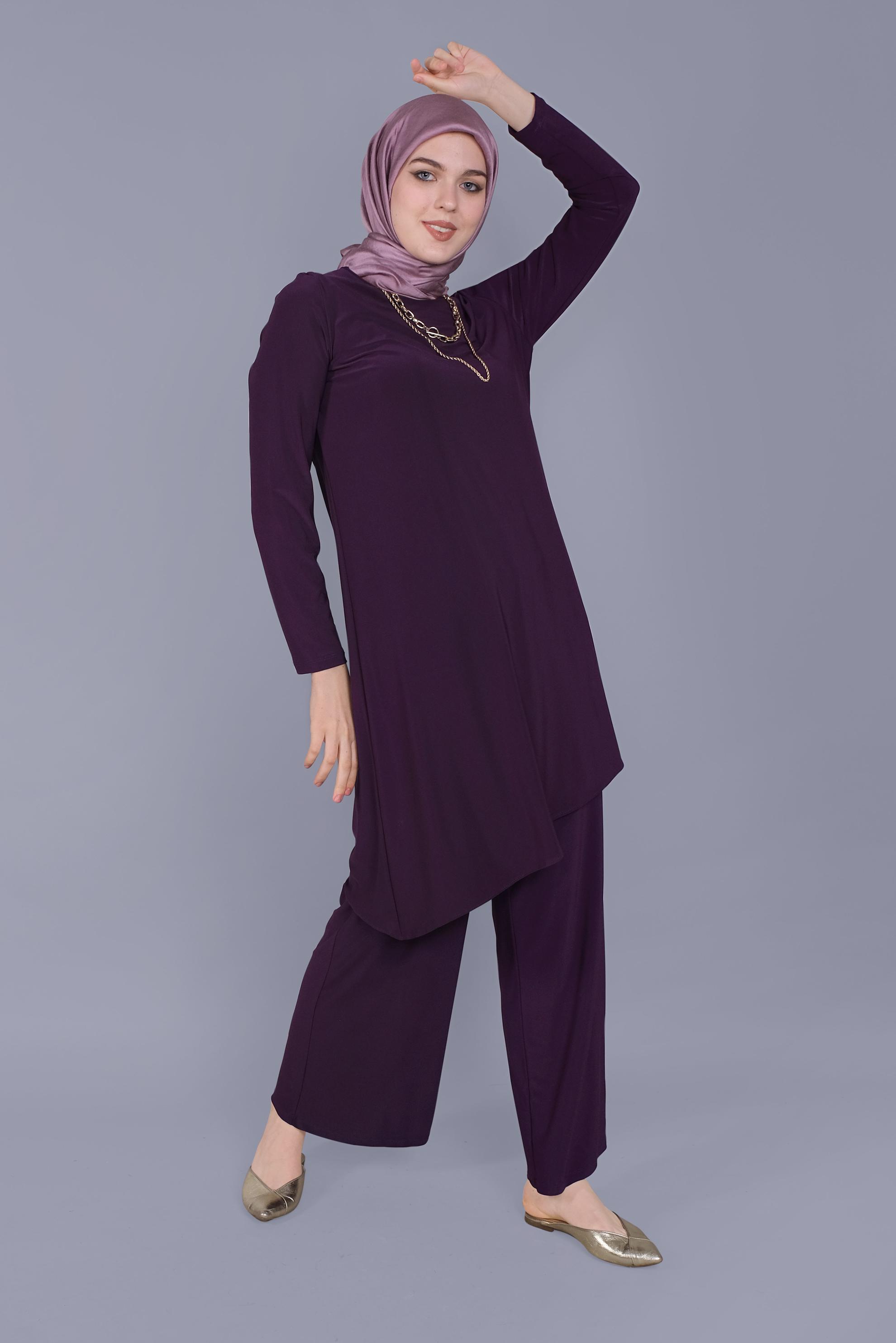 Tesettür giyim MOR ASİMETRİK KESİM İKİLİ PANTOLON TAKIMI 40785