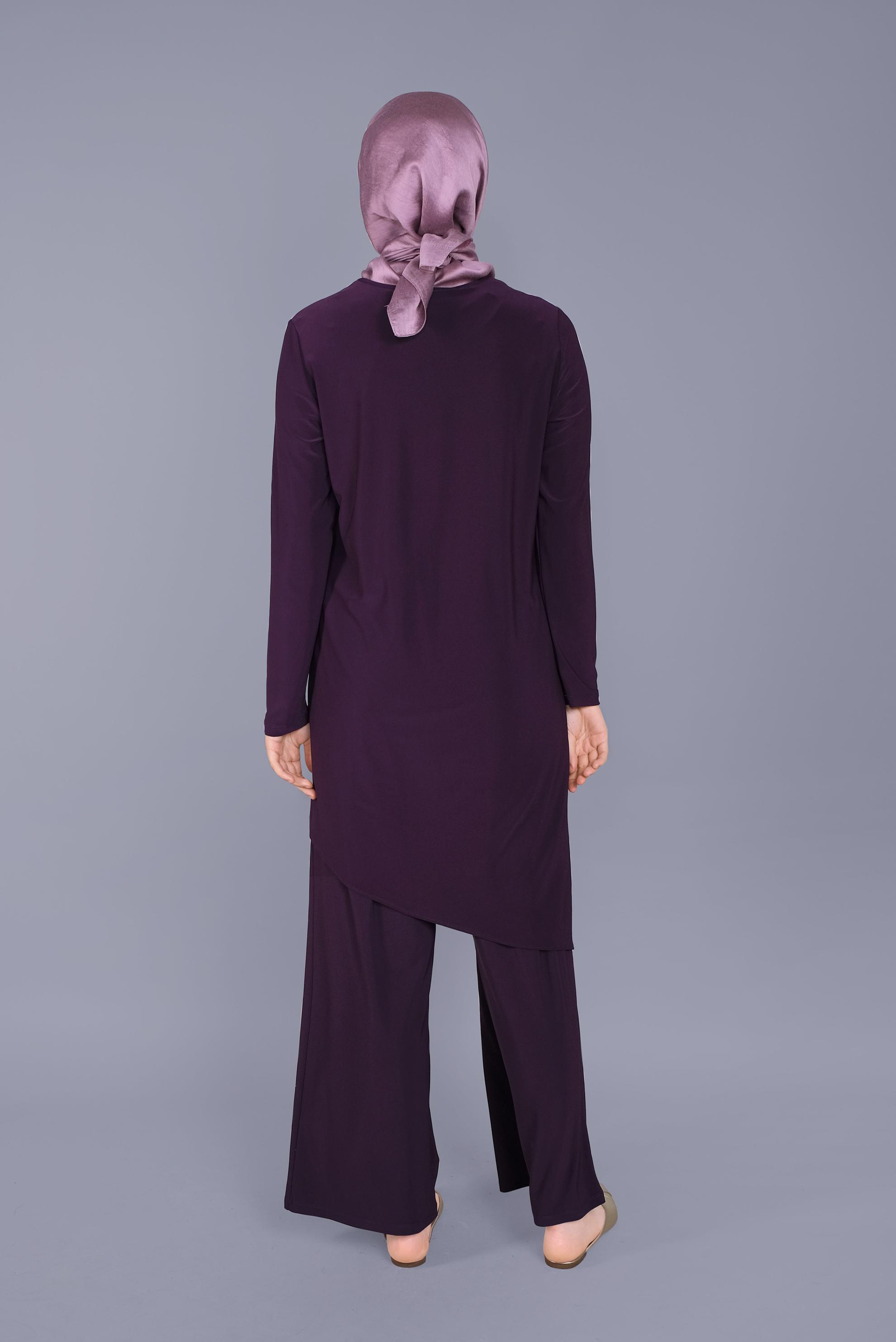 Tesettür giyim MOR ASİMETRİK KESİM İKİLİ PANTOLON TAKIMI 40785