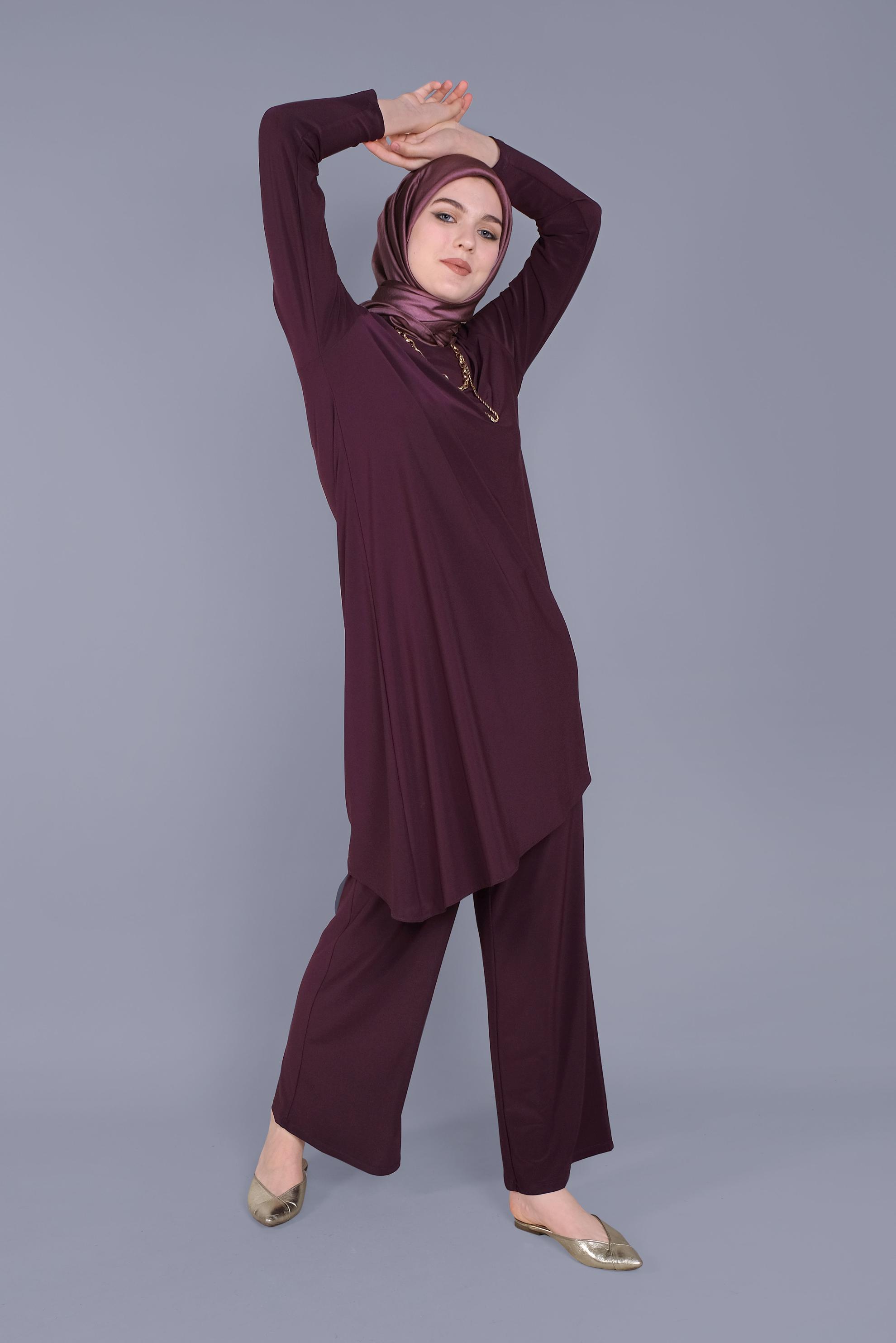 Tesettür giyim MÜRDÜM ASİMETRİK KESİM İKİLİ PANTOLON TAKIMI 40785