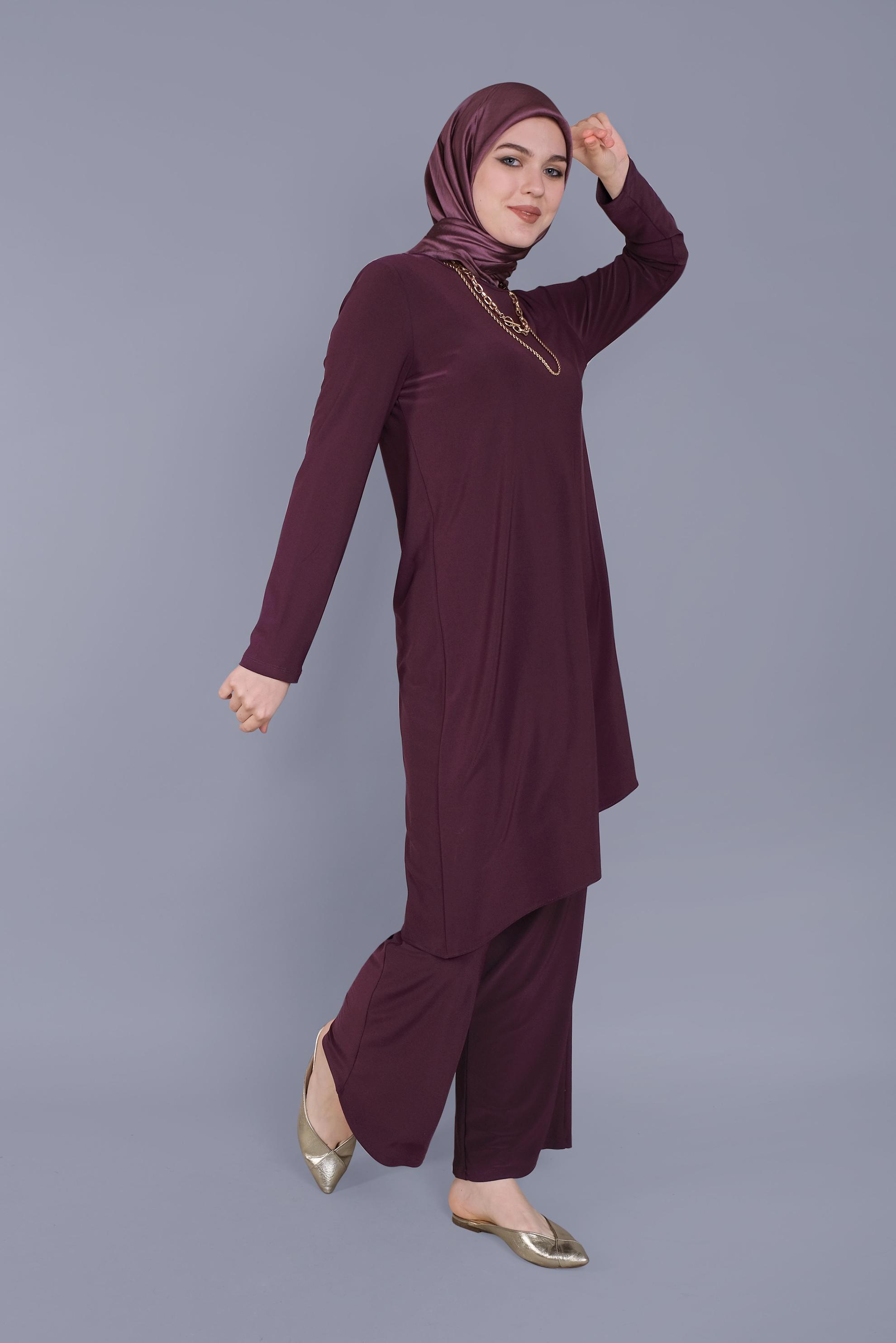 Tesettür giyim MÜRDÜM ASİMETRİK KESİM İKİLİ PANTOLON TAKIMI 40785