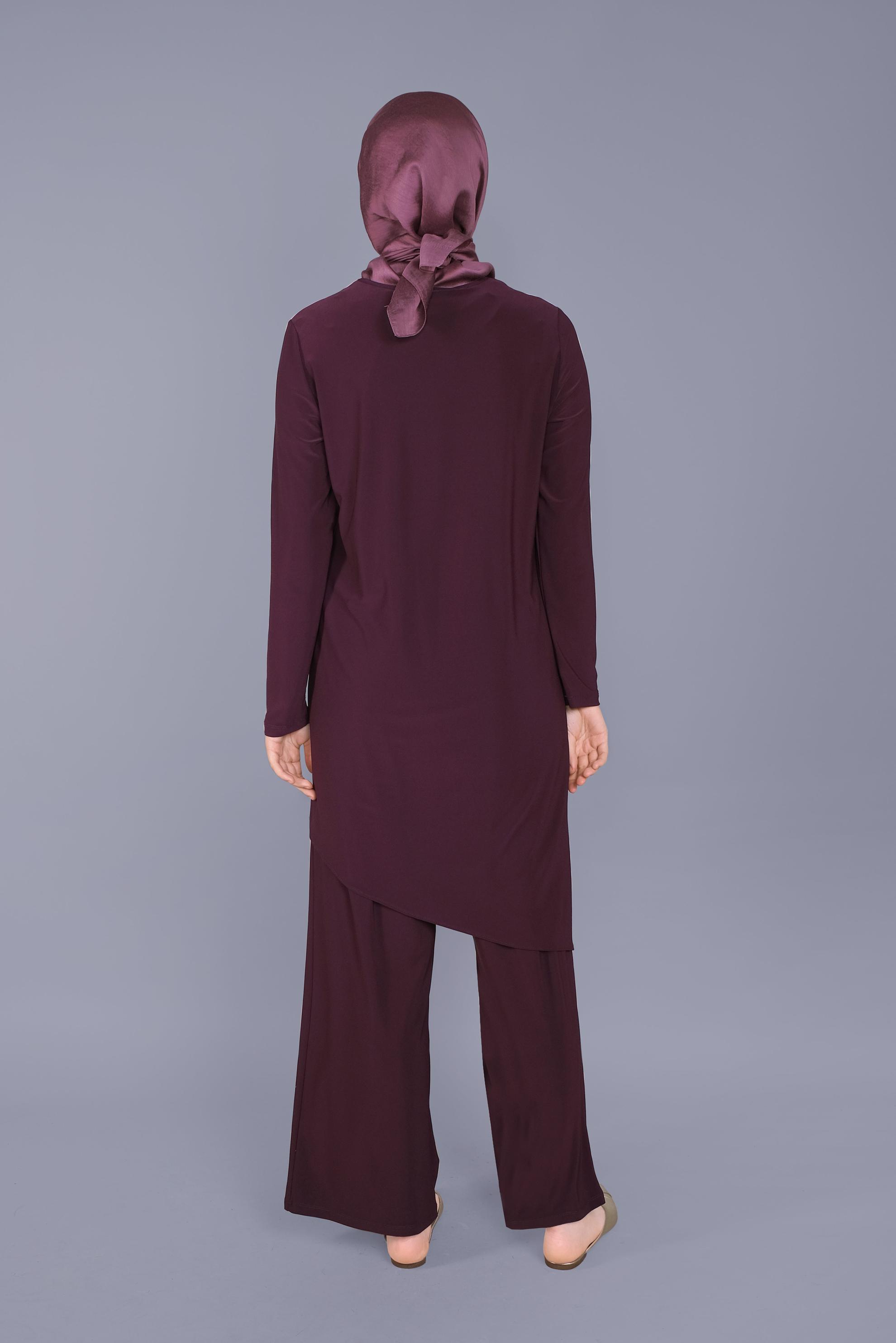 Tesettür giyim MÜRDÜM ASİMETRİK KESİM İKİLİ PANTOLON TAKIMI 40785