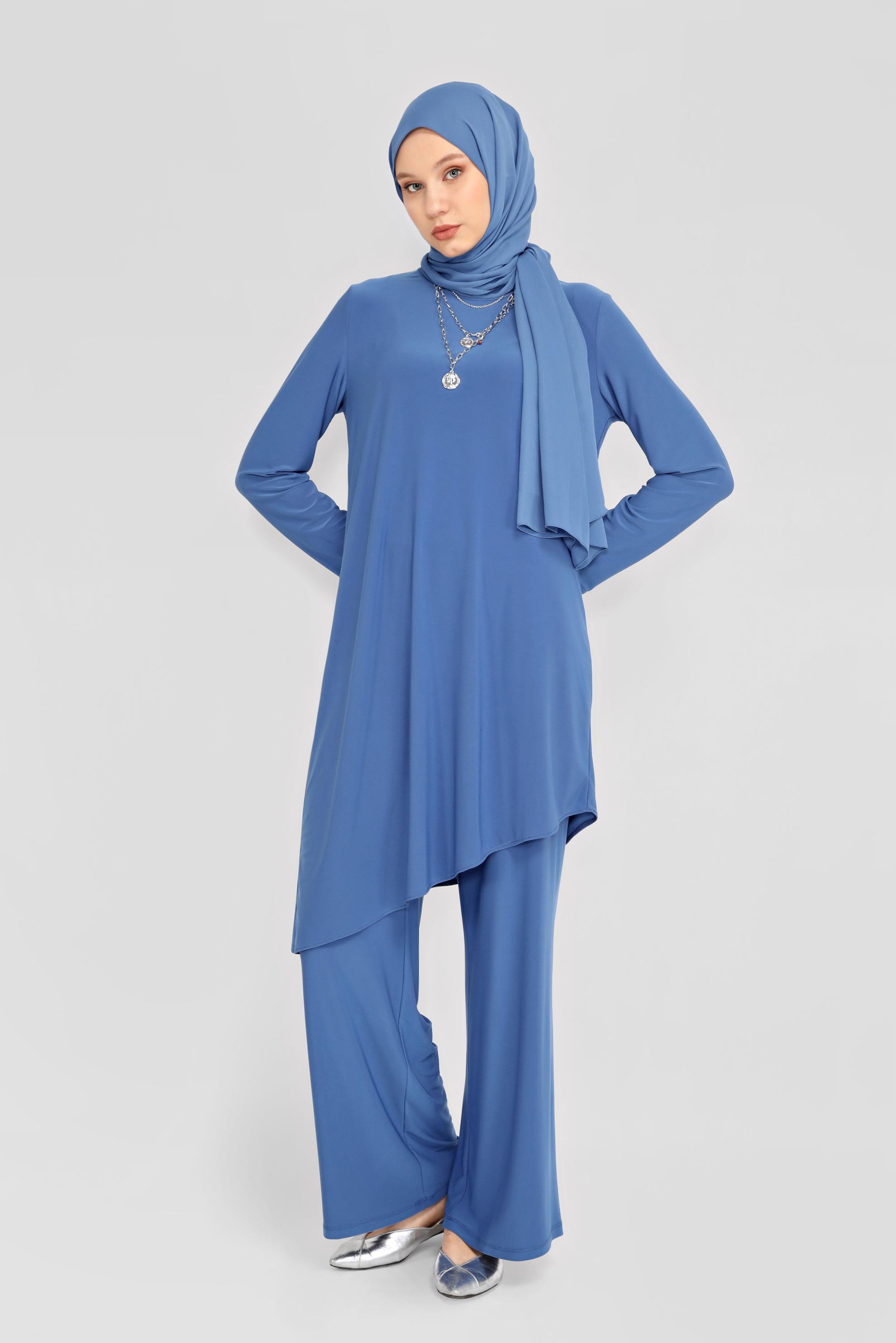 Tesettür giyim LACİVERT ASİMETRİK KESİM İKİLİ PANTOLON TAKIMI 40785