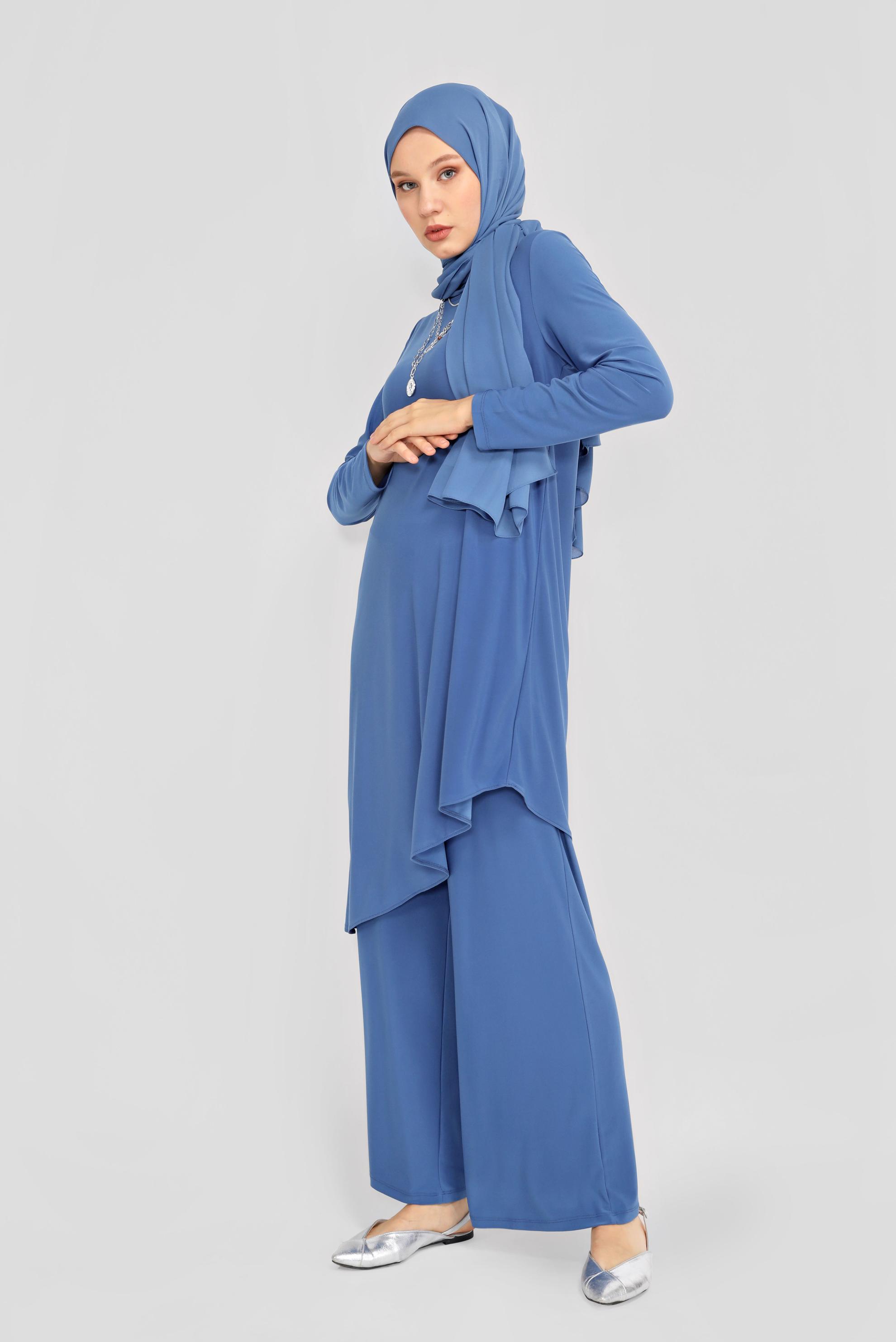 Tesettür giyim LACİVERT ASİMETRİK KESİM İKİLİ PANTOLON TAKIMI 40785