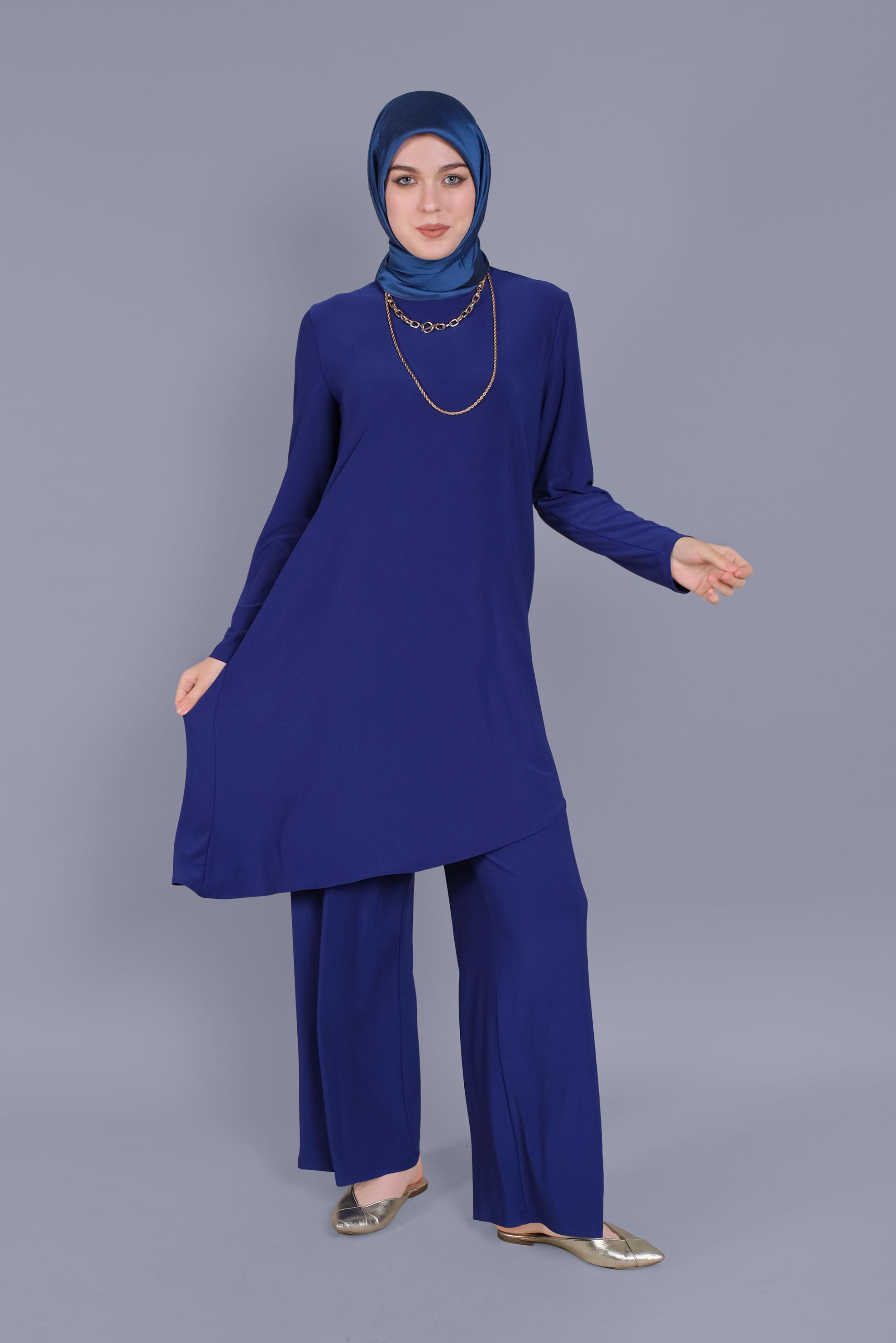 Tesettür giyim LACİVERT ASİMETRİK KESİM İKİLİ PANTOLON TAKIMI 40785