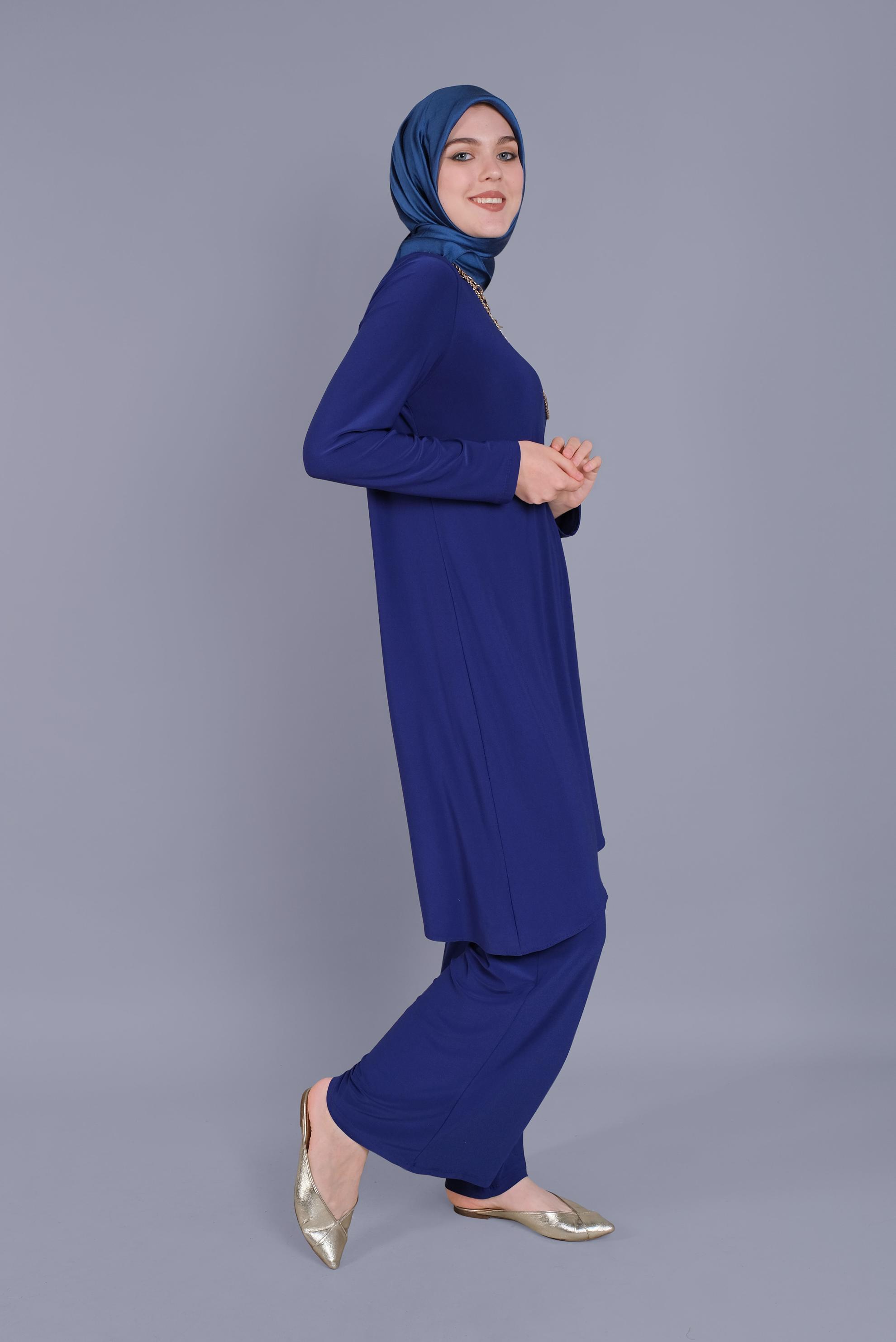 Tesettür giyim LACİVERT ASİMETRİK KESİM İKİLİ PANTOLON TAKIMI 40785