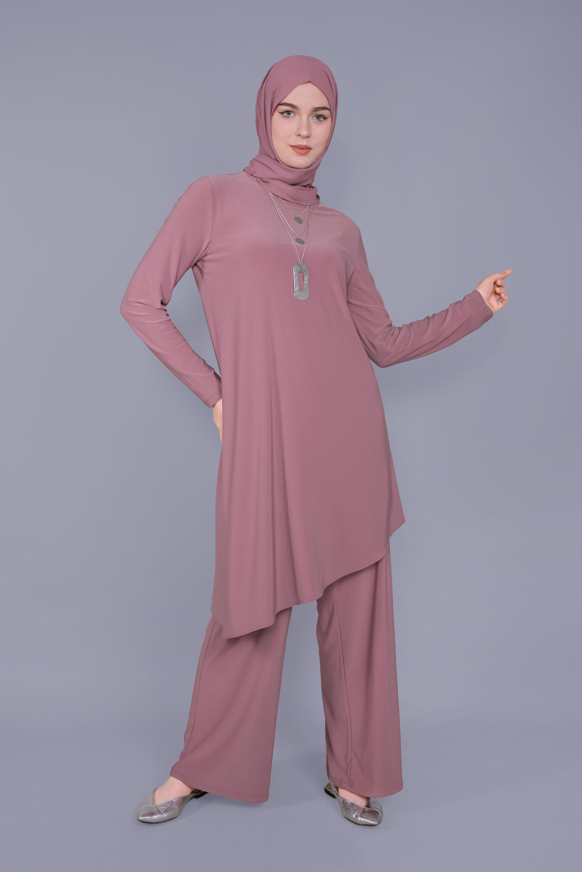 Tesettür giyim PEMBE ASİMETRİK KESİM İKİLİ PANTOLON TAKIMI 40785