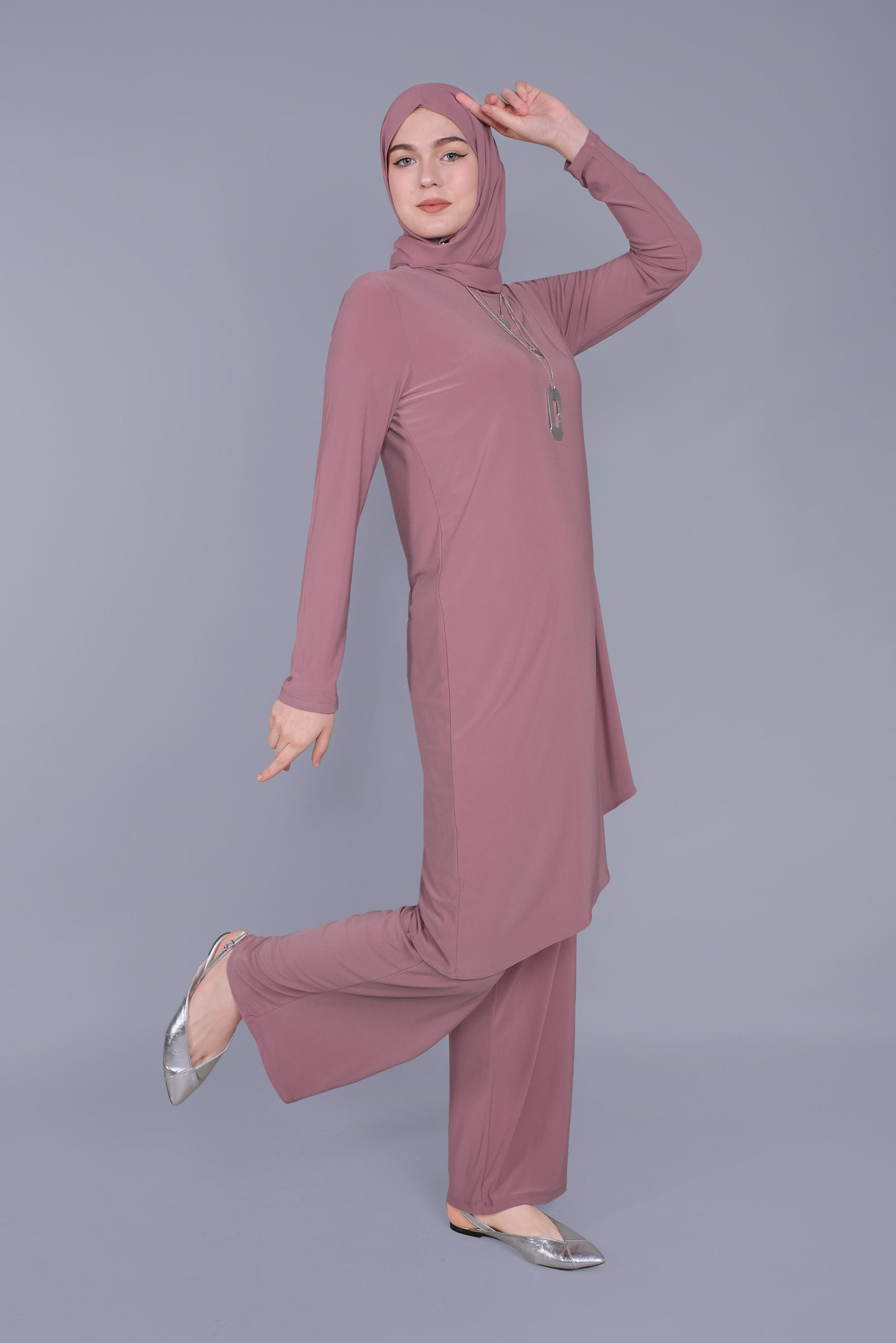 Tesettür giyim PEMBE ASİMETRİK KESİM İKİLİ PANTOLON TAKIMI 40785