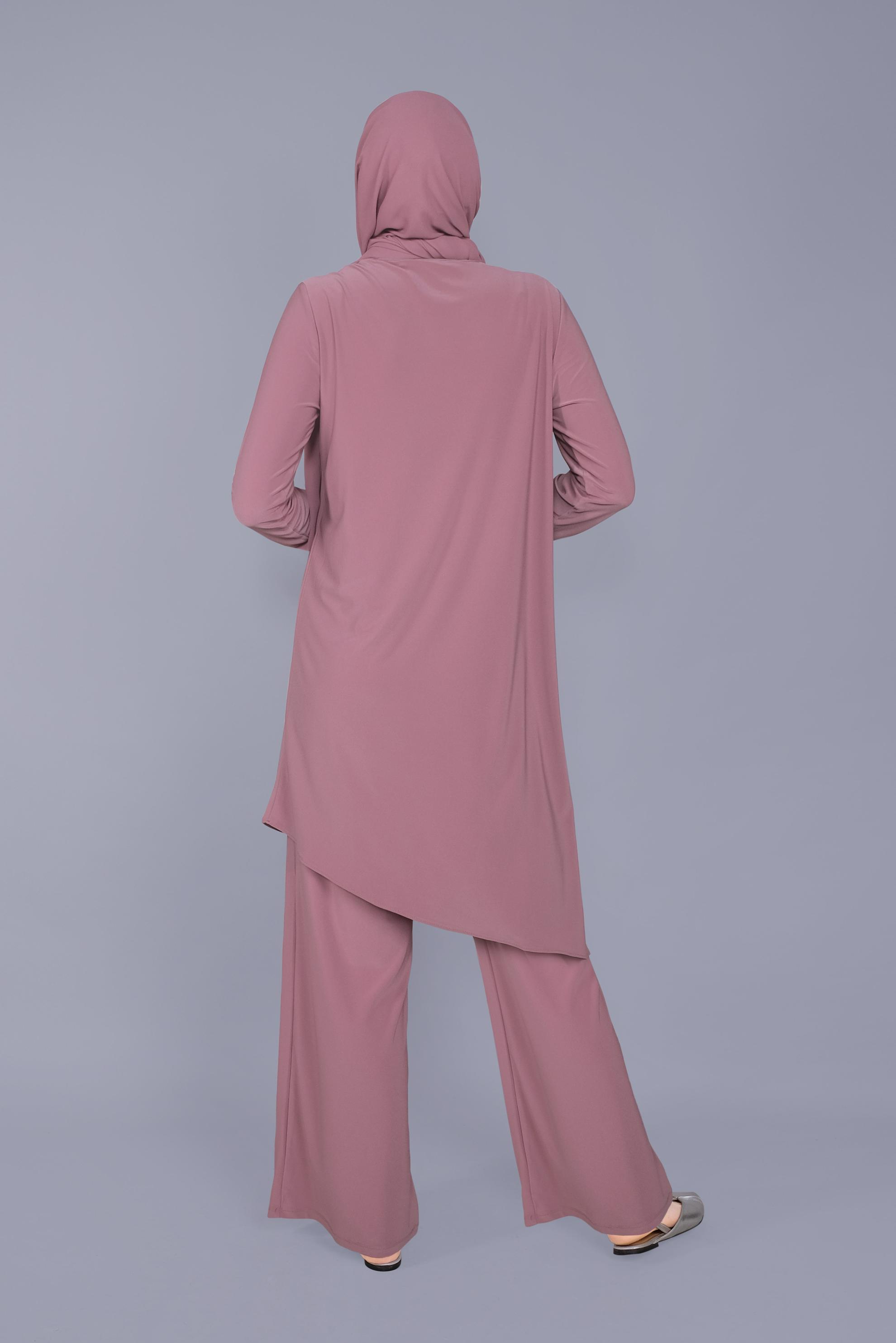 Tesettür giyim PEMBE ASİMETRİK KESİM İKİLİ PANTOLON TAKIMI 40785