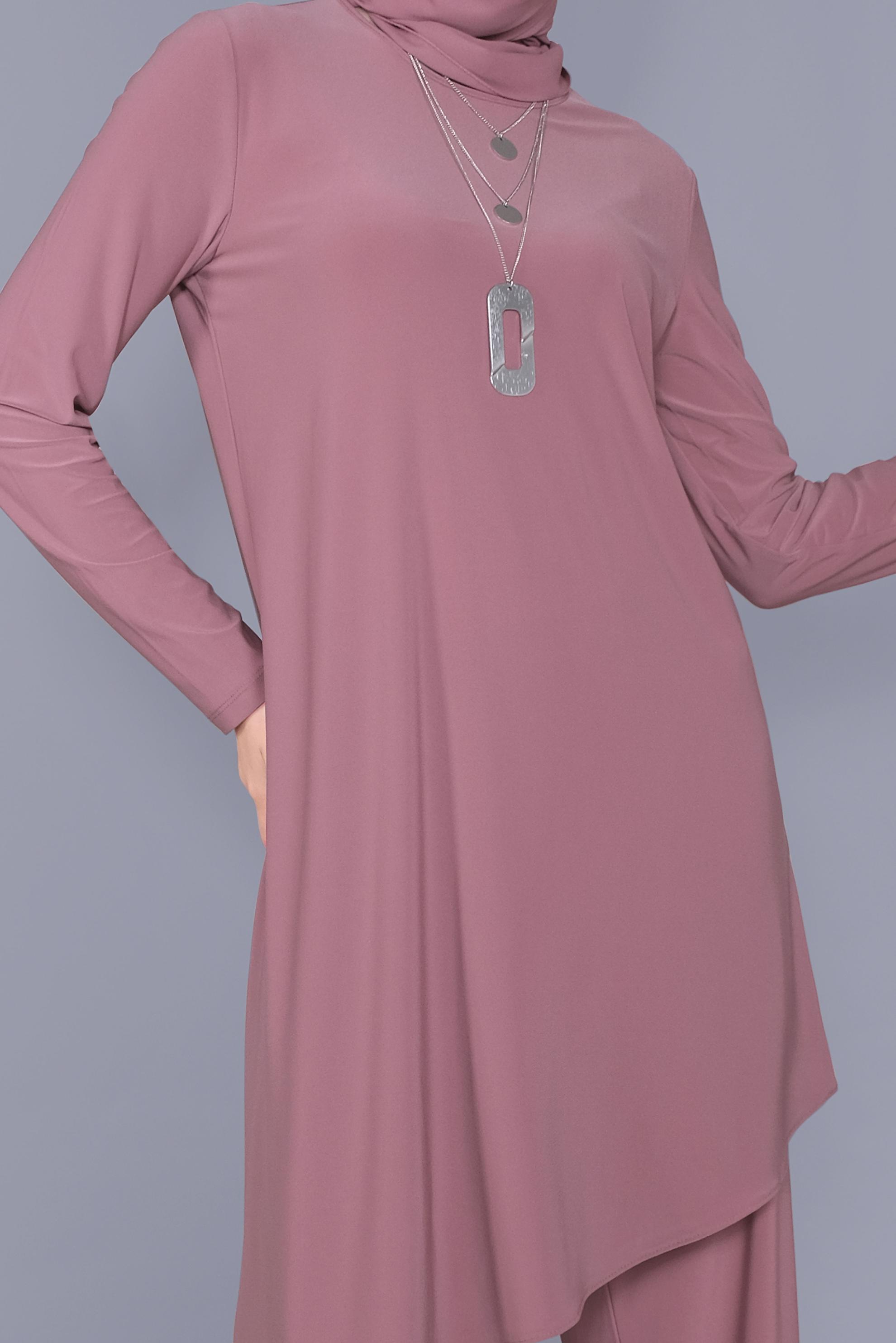 Tesettür giyim PEMBE ASİMETRİK KESİM İKİLİ PANTOLON TAKIMI 40785