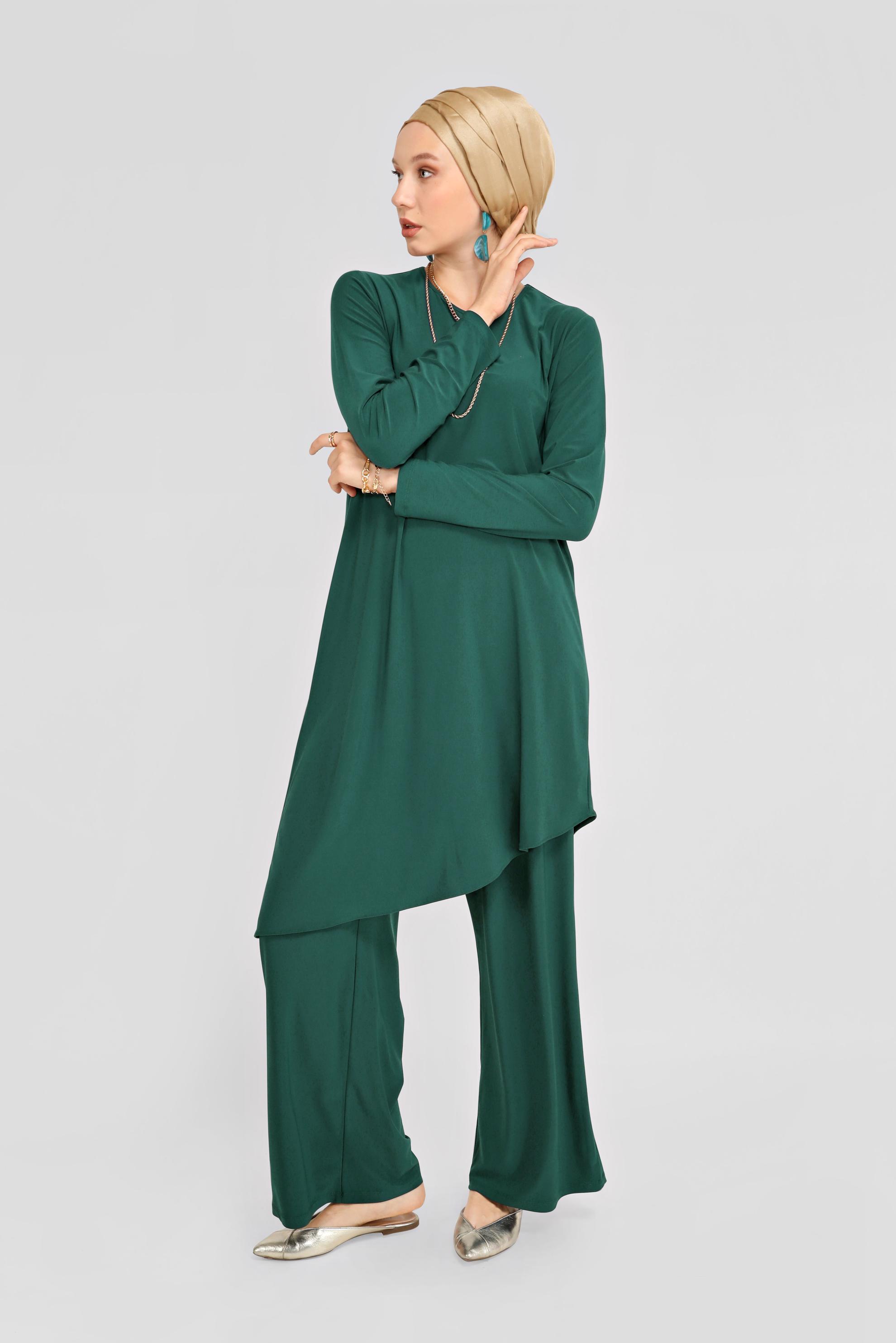 Tesettür giyim YEŞİL ASİMETRİK KESİM İKİLİ PANTOLON TAKIMI 40785