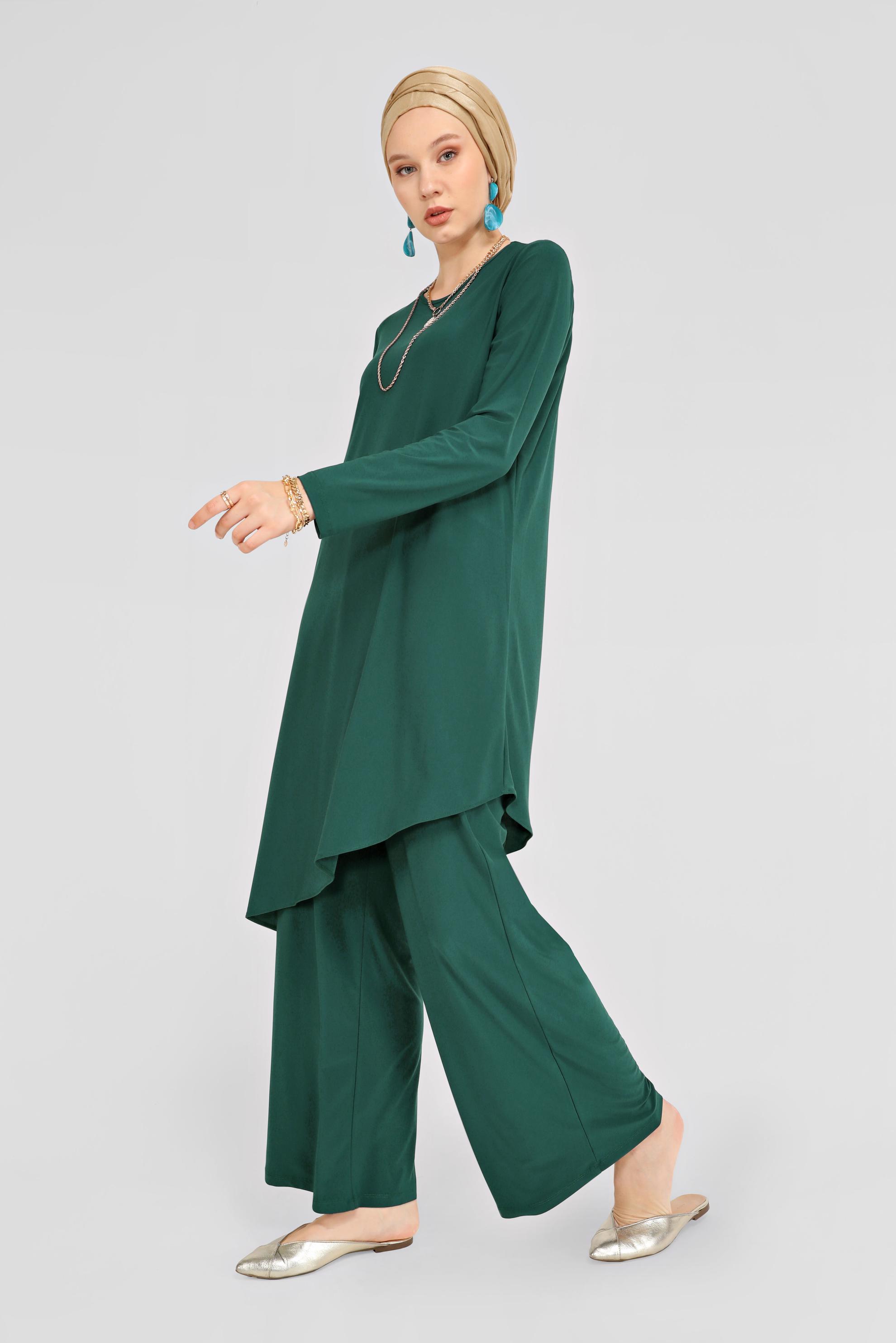 Tesettür giyim YEŞİL ASİMETRİK KESİM İKİLİ PANTOLON TAKIMI 40785