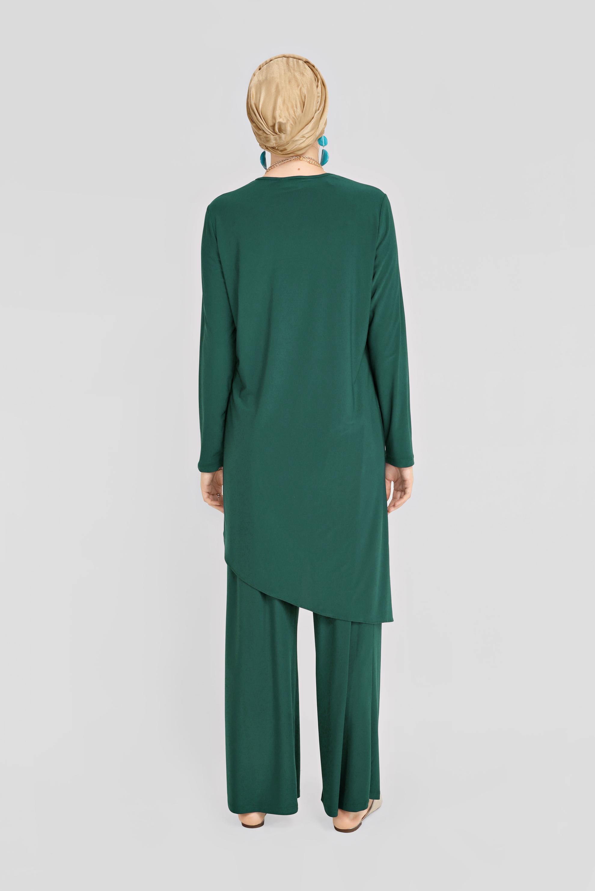 Tesettür giyim YEŞİL ASİMETRİK KESİM İKİLİ PANTOLON TAKIMI 40785