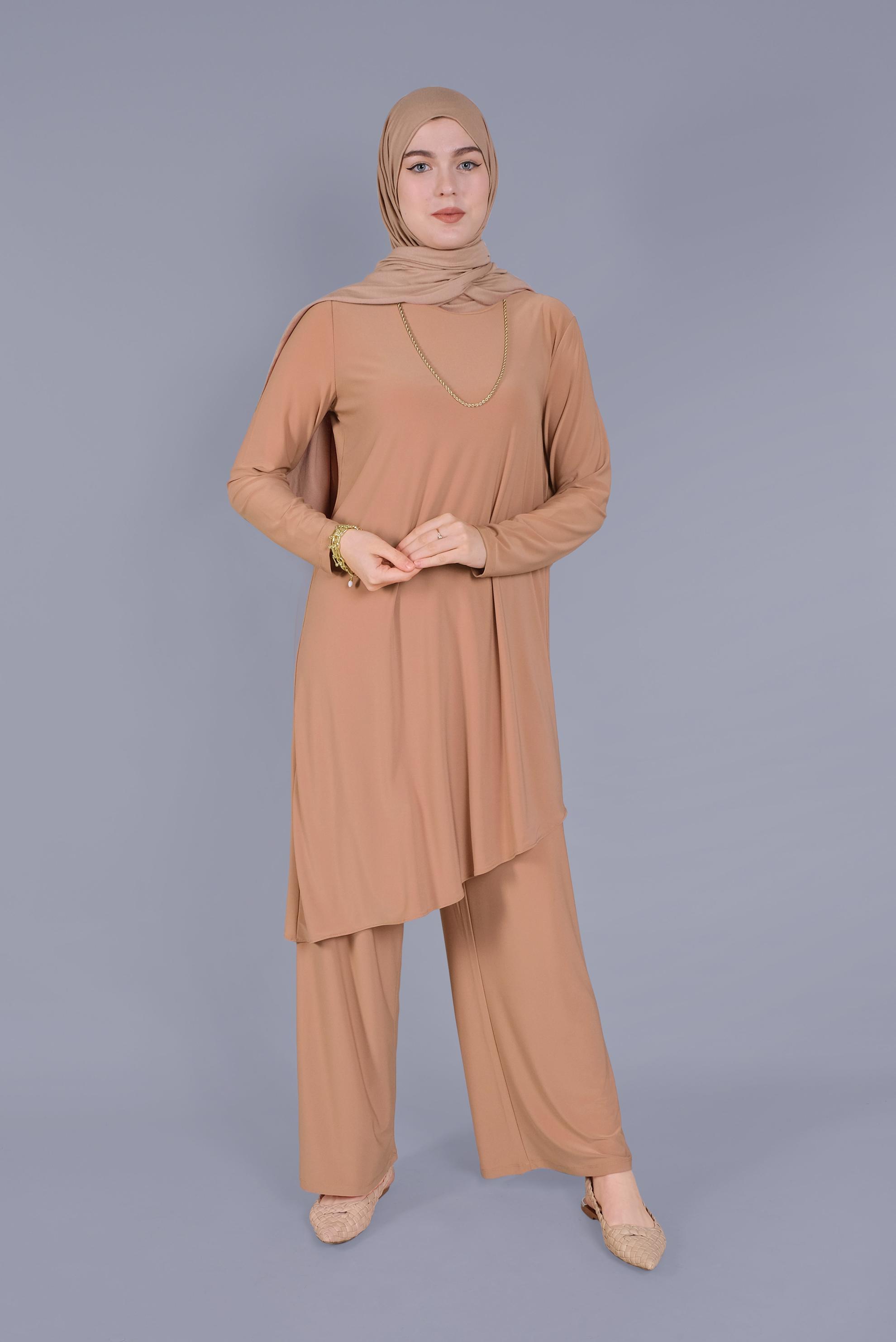 Tesettür giyim KAHVE ASİMETRİK KESİM İKİLİ PANTOLON TAKIMI 40785