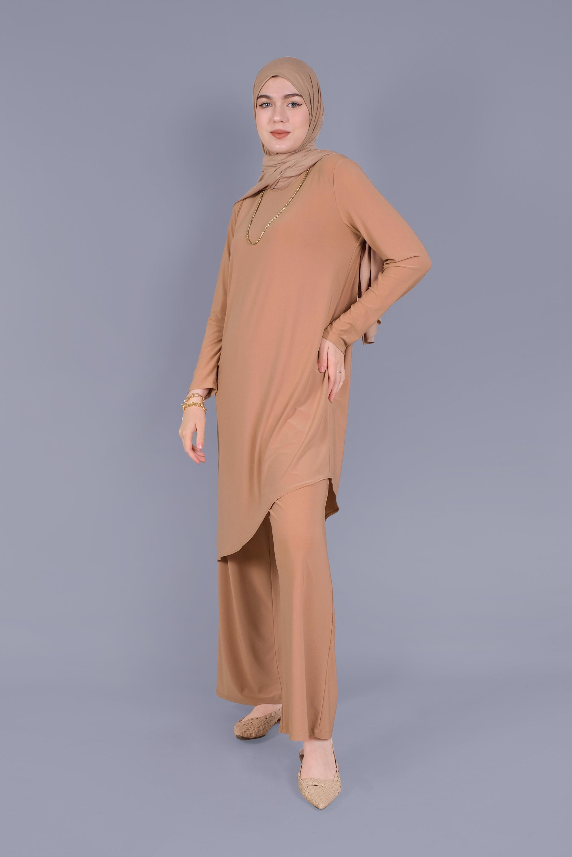 Tesettür giyim KAHVE ASİMETRİK KESİM İKİLİ PANTOLON TAKIMI 40785