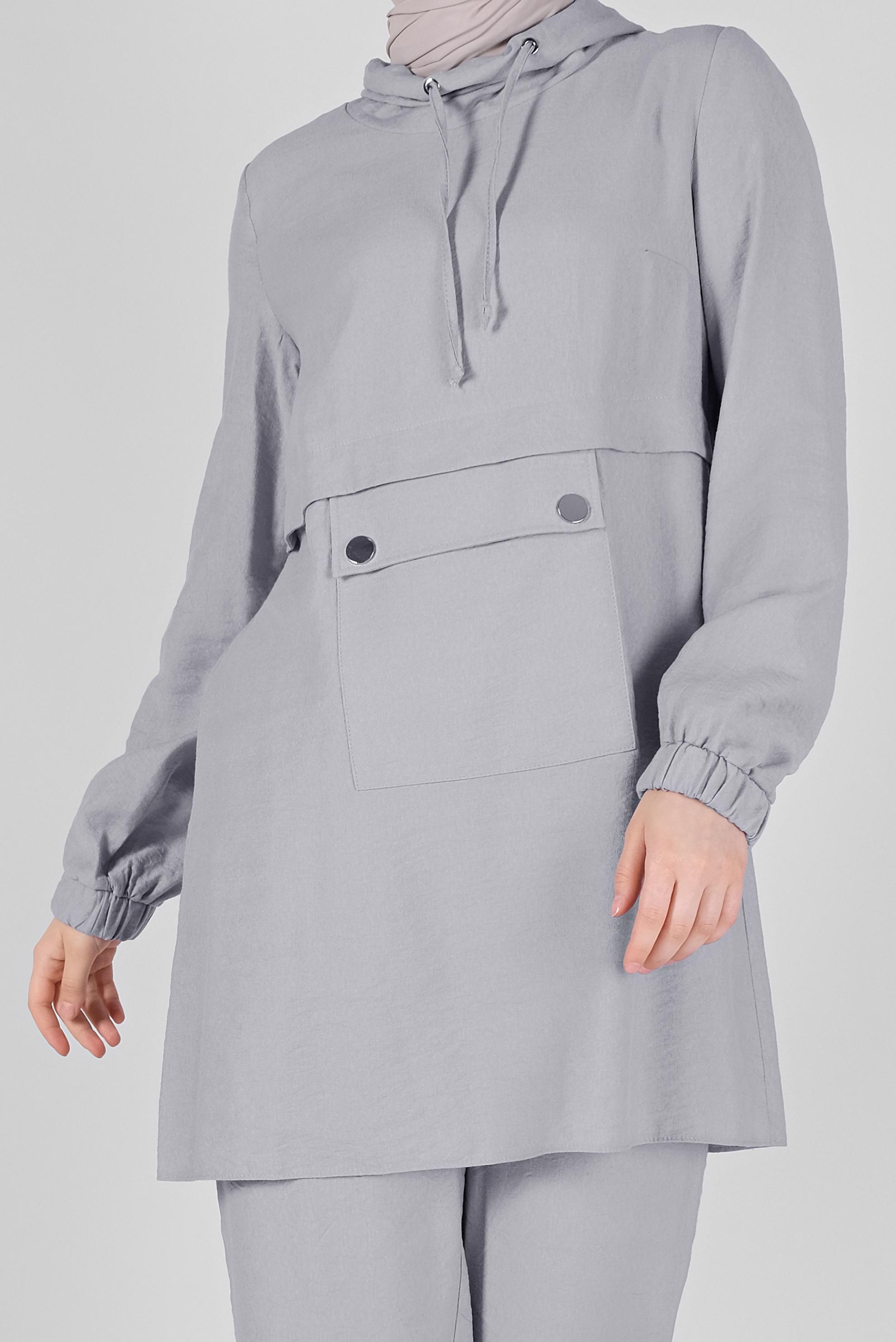 Tesettür giyim GRİ BOĞAZLI CEPLİ İKİLİ PANTOLONLU TAKIM 40788 