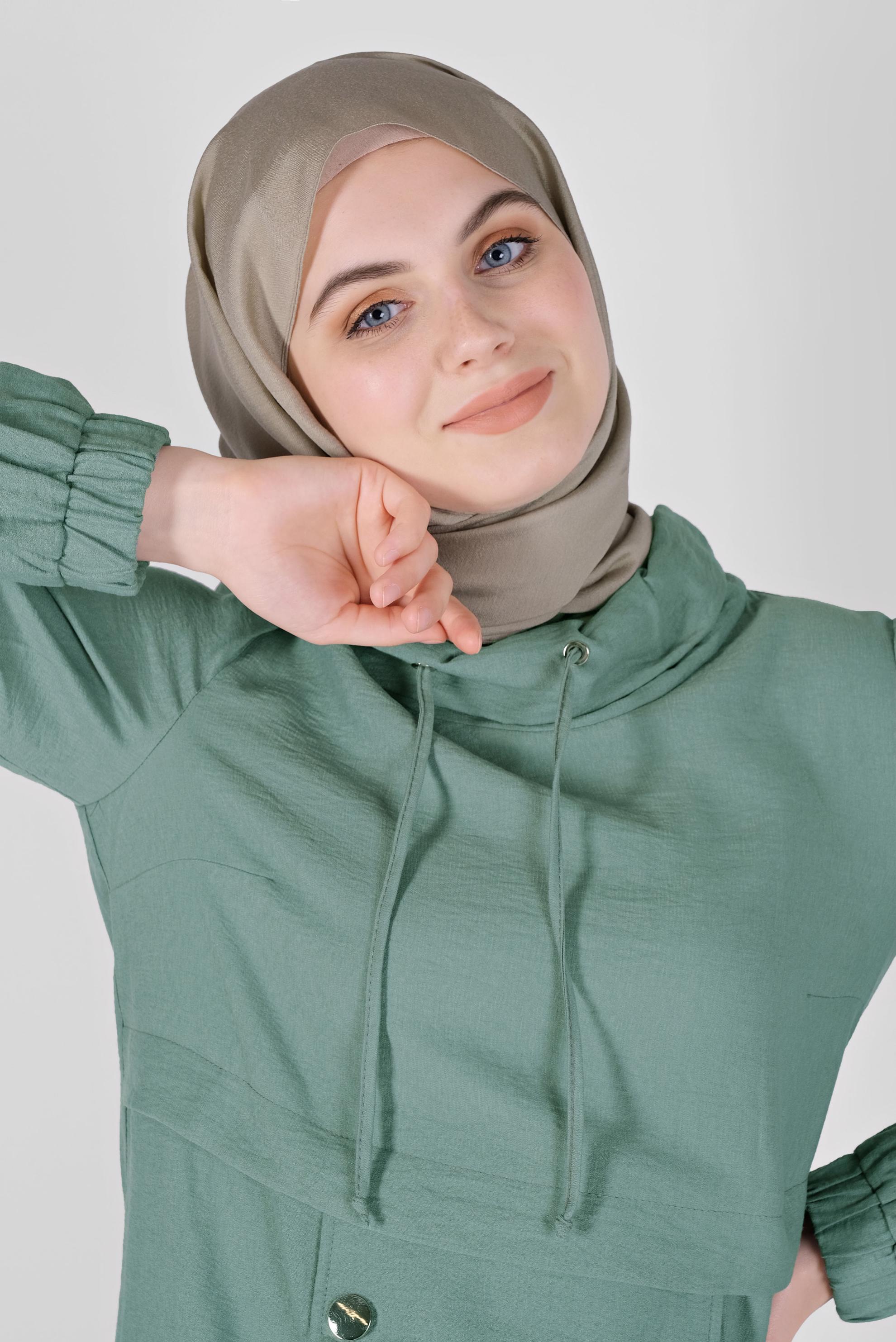 Tesettür giyim MAVİ BOĞAZLI CEPLİ İKİLİ PANTOLONLU TAKIM 40788 