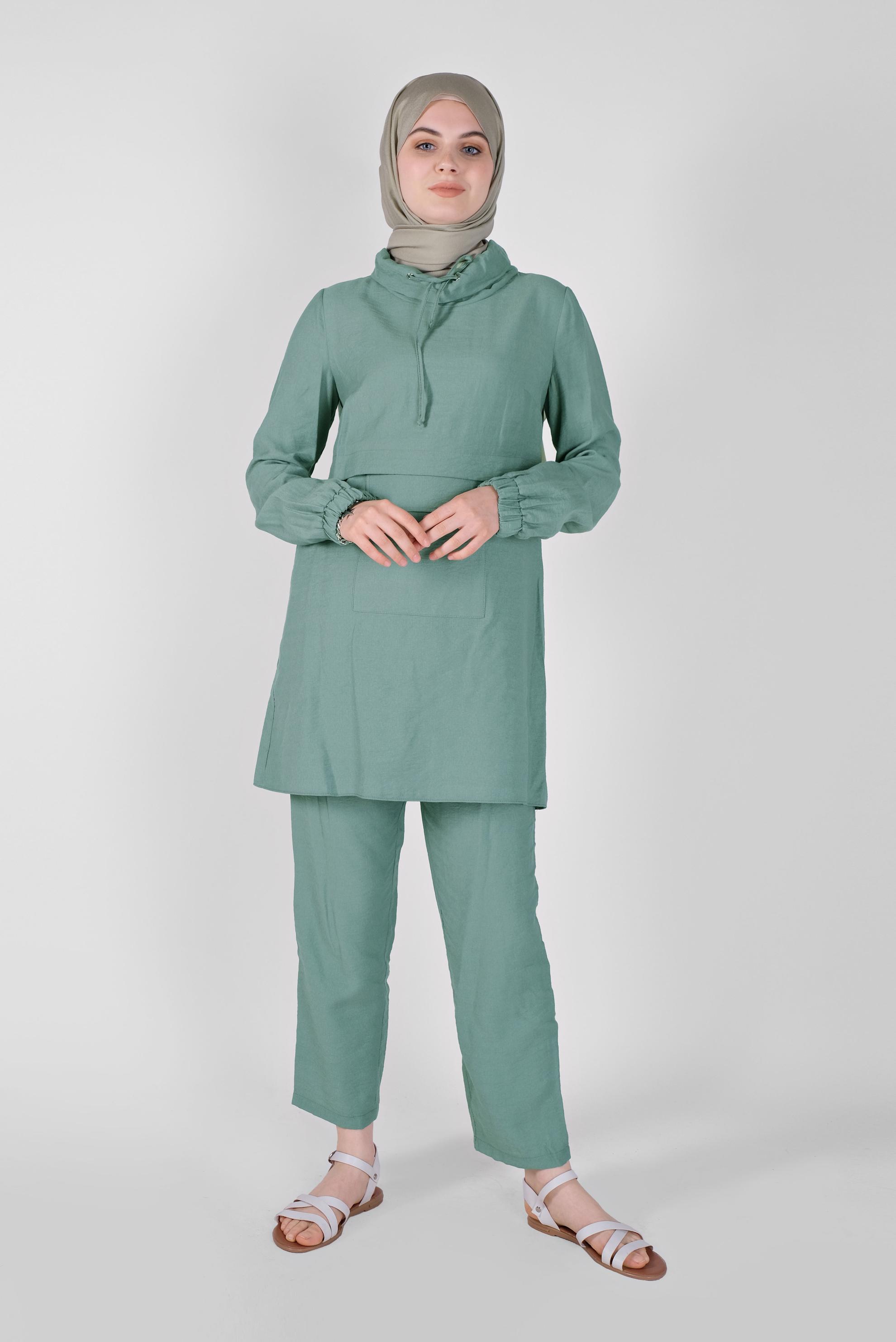 Tesettür giyim MAVİ BOĞAZLI CEPLİ İKİLİ PANTOLONLU TAKIM 40788 