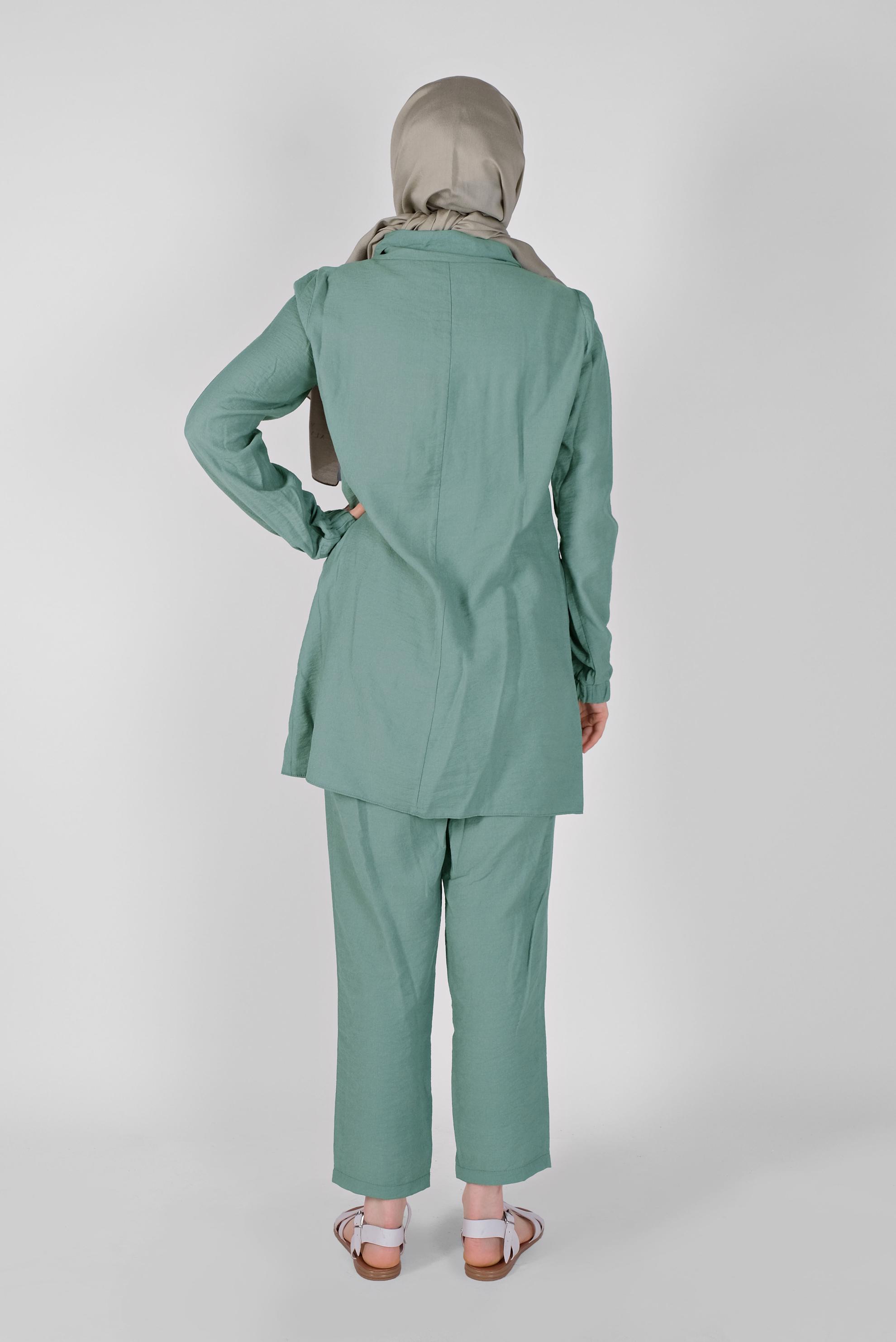 Tesettür giyim MAVİ BOĞAZLI CEPLİ İKİLİ PANTOLONLU TAKIM 40788 