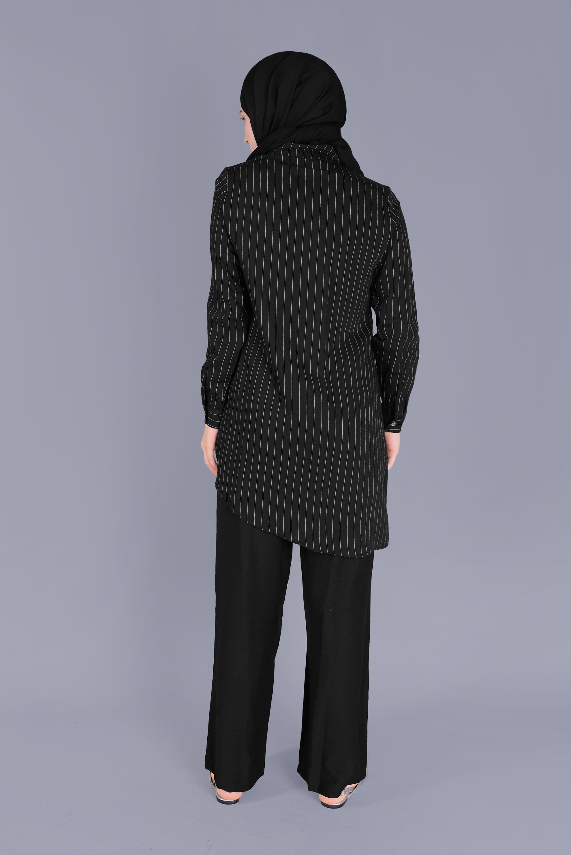 Tesettür giyim SİYAH ÇİZGİLİ CEPLİ İKİLİ PANTOLONLU TAKIM 40790 
