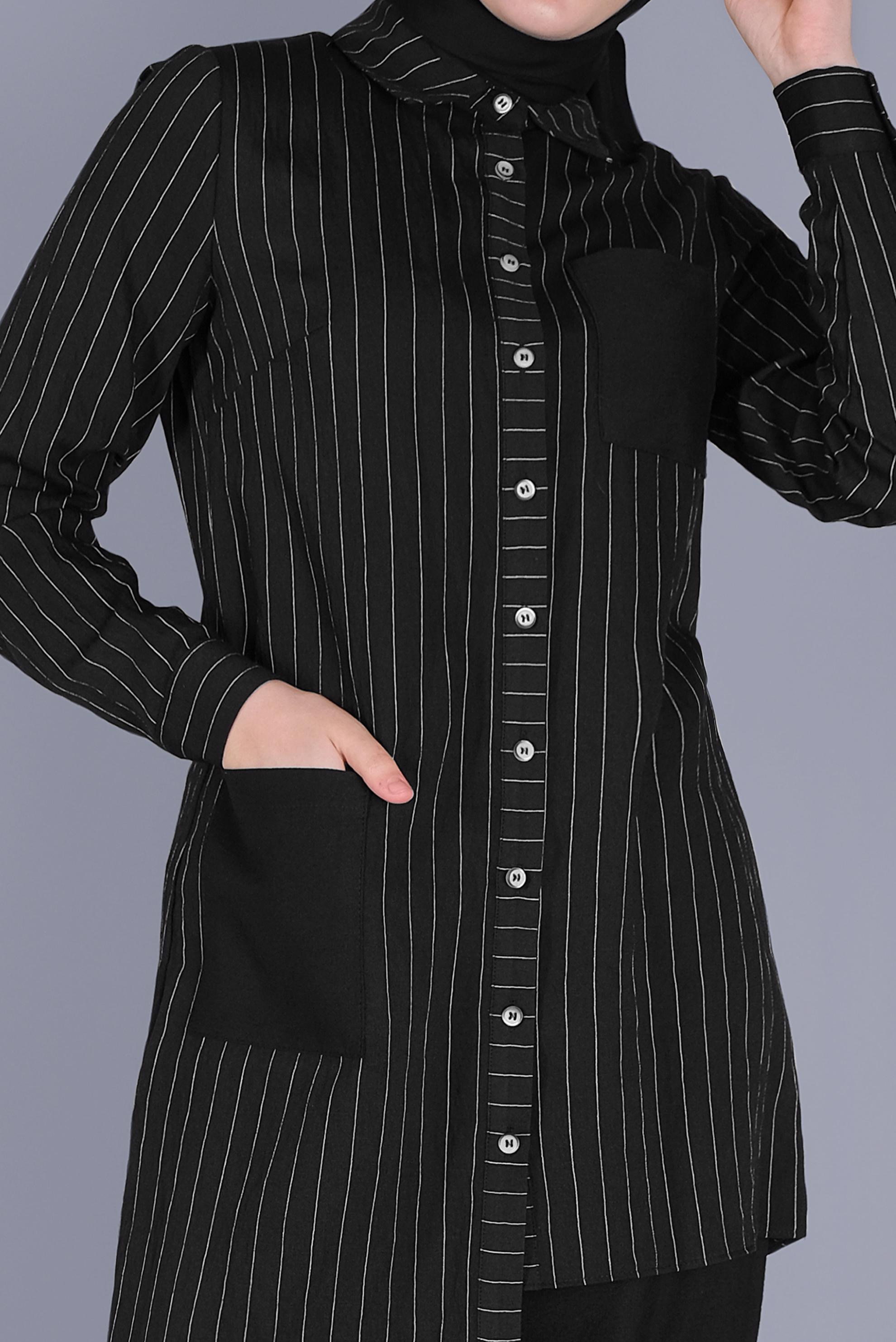 Tesettür giyim SİYAH ÇİZGİLİ CEPLİ İKİLİ PANTOLONLU TAKIM 40790 