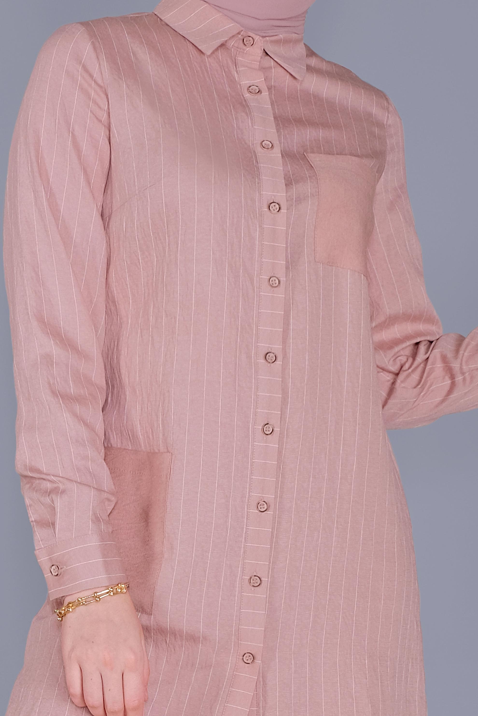 Tesettür giyim PUDRA ÇİZGİLİ CEPLİ İKİLİ PANTOLONLU TAKIM 40790 