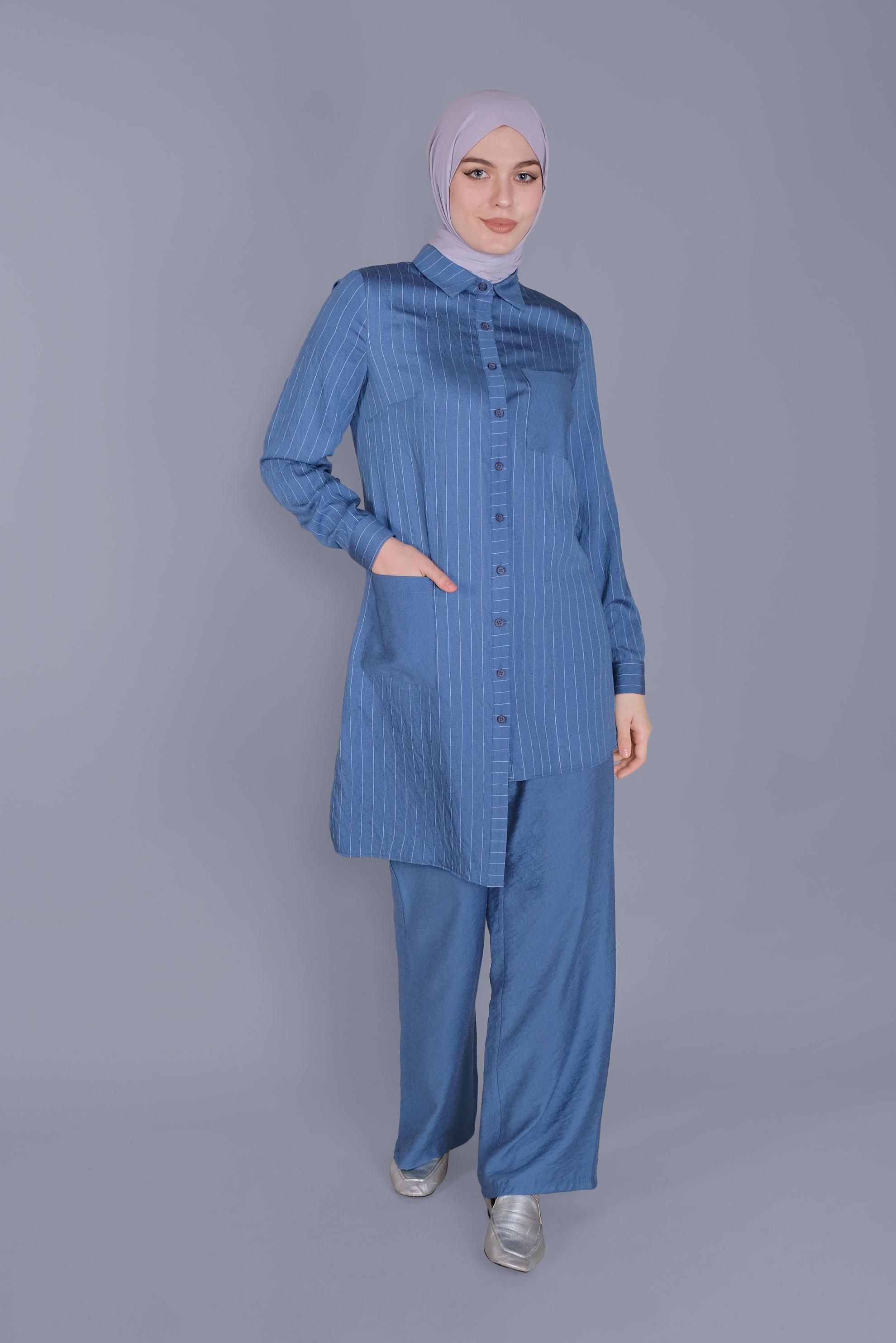 Tesettür giyim LACİVERT ÇİZGİLİ CEPLİ İKİLİ PANTOLONLU TAKIM 40790 