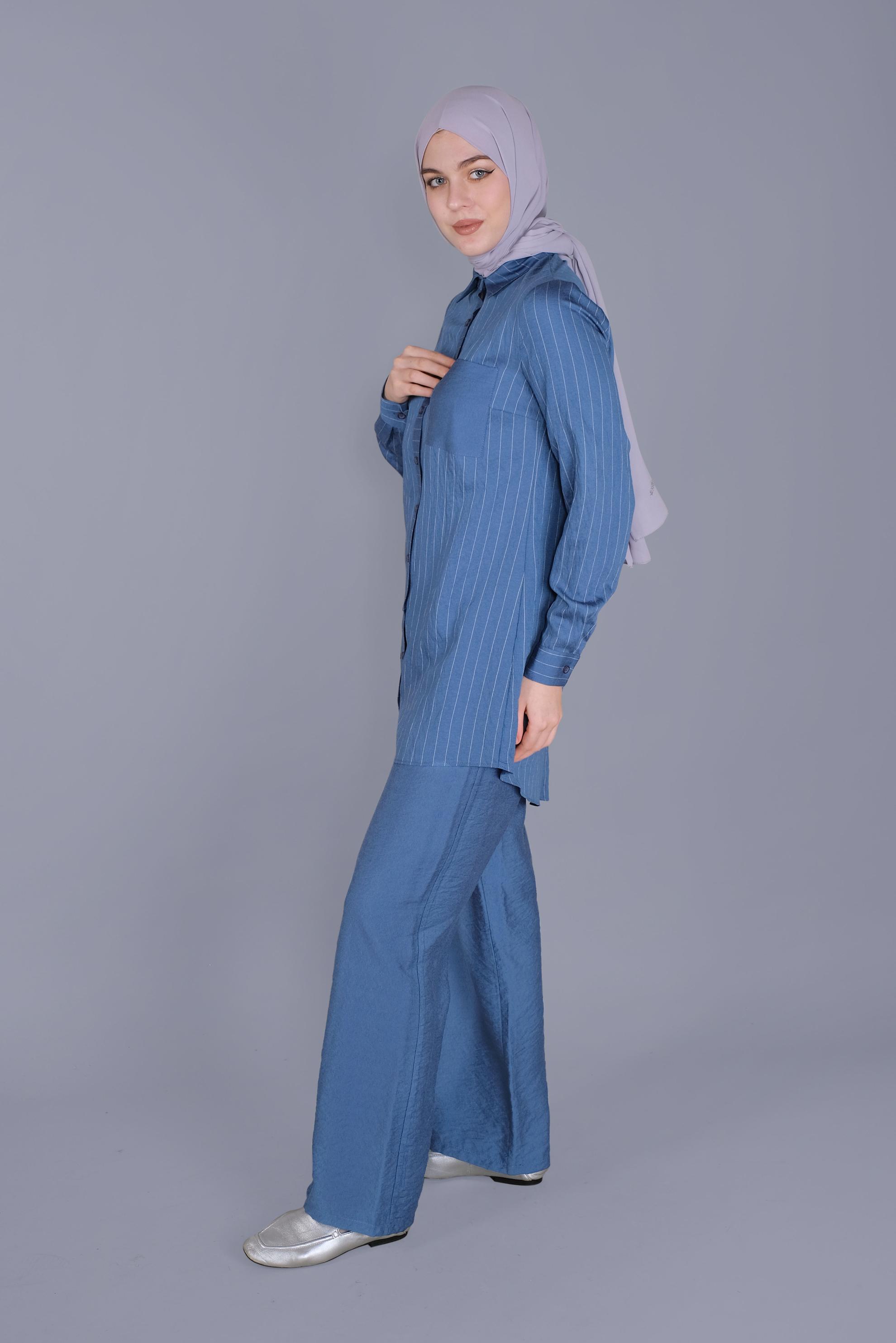 Tesettür giyim LACİVERT ÇİZGİLİ CEPLİ İKİLİ PANTOLONLU TAKIM 40790 