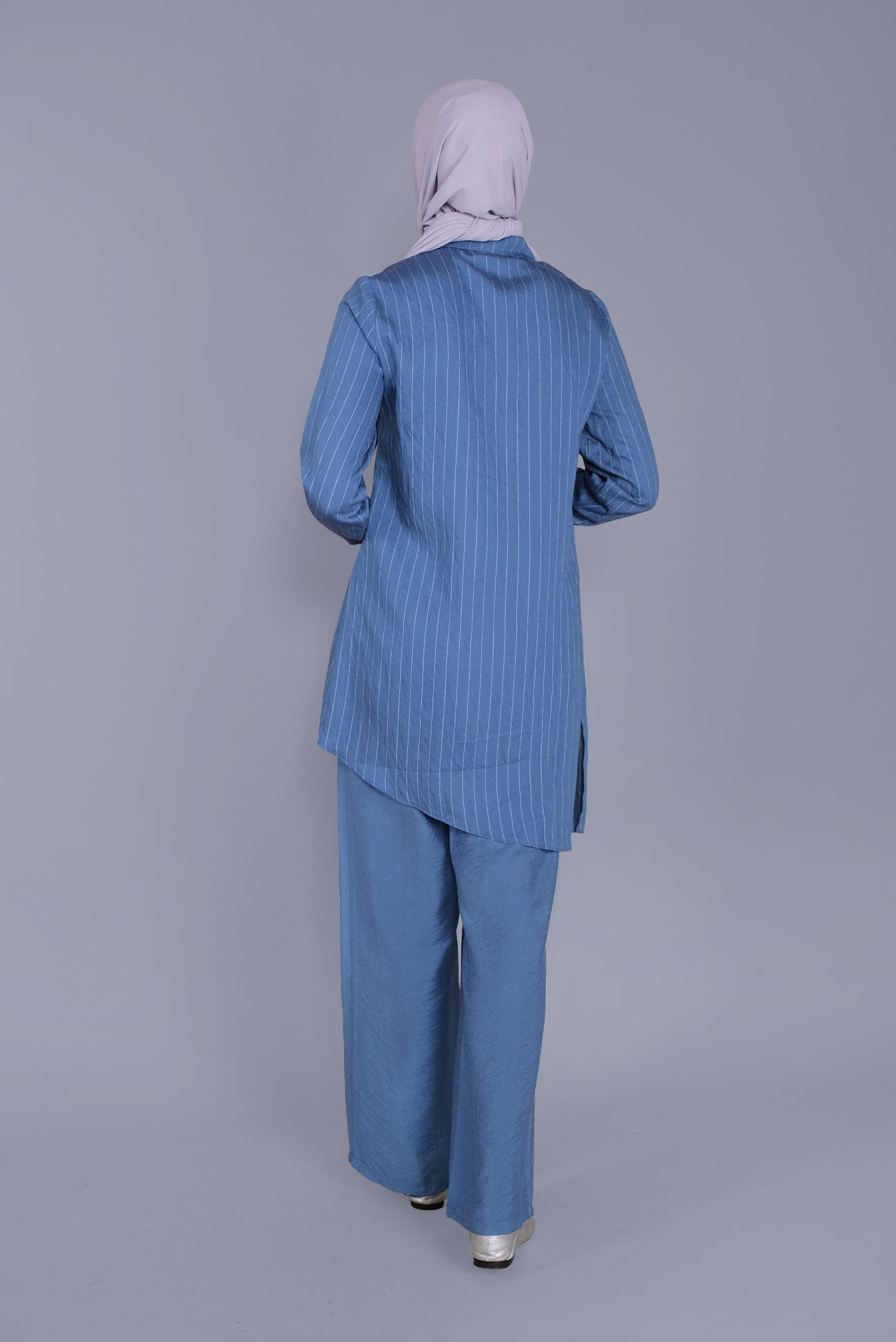 Tesettür giyim LACİVERT ÇİZGİLİ CEPLİ İKİLİ PANTOLONLU TAKIM 40790 