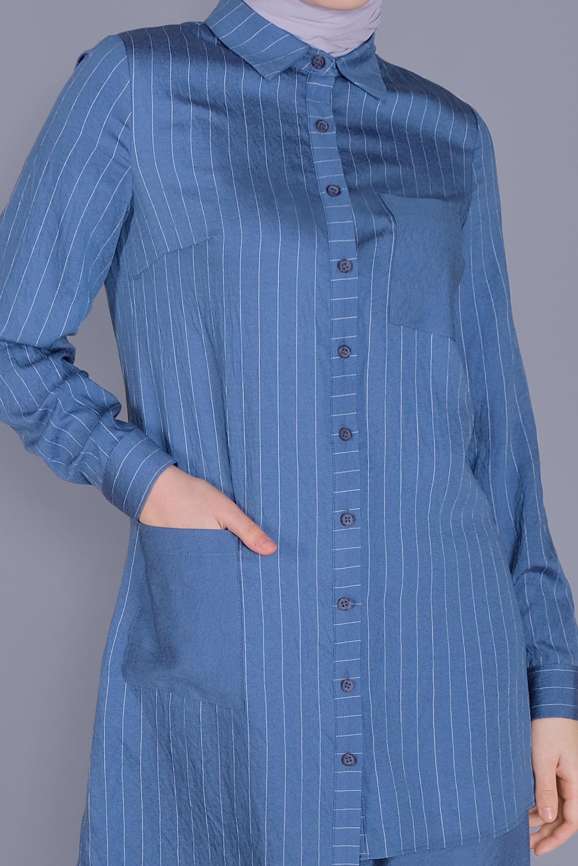 Tesettür giyim LACİVERT ÇİZGİLİ CEPLİ İKİLİ PANTOLONLU TAKIM 40790 