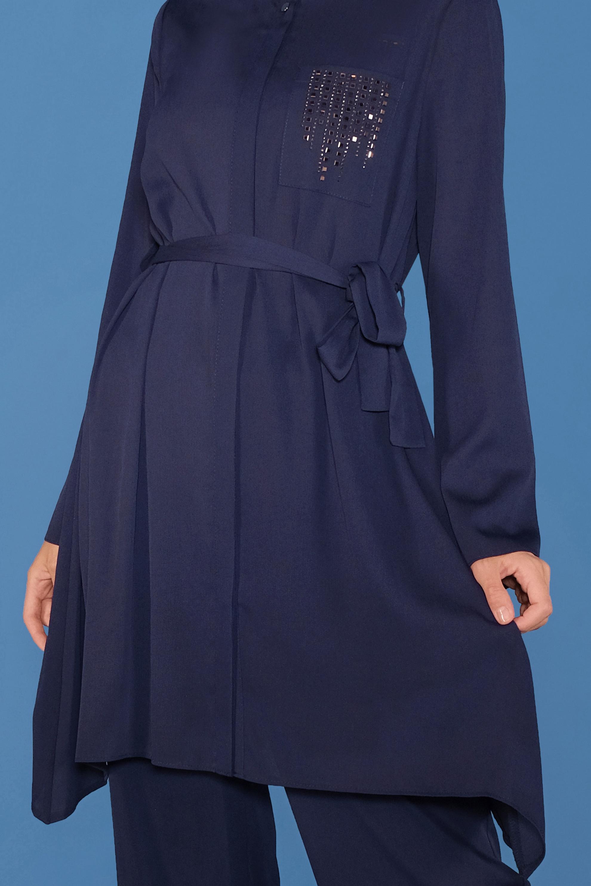 Tesettür giyim LACİVERT KUŞAKLI GİZLİ DÜĞMELİ PANTOLONLU TAKIM 40792