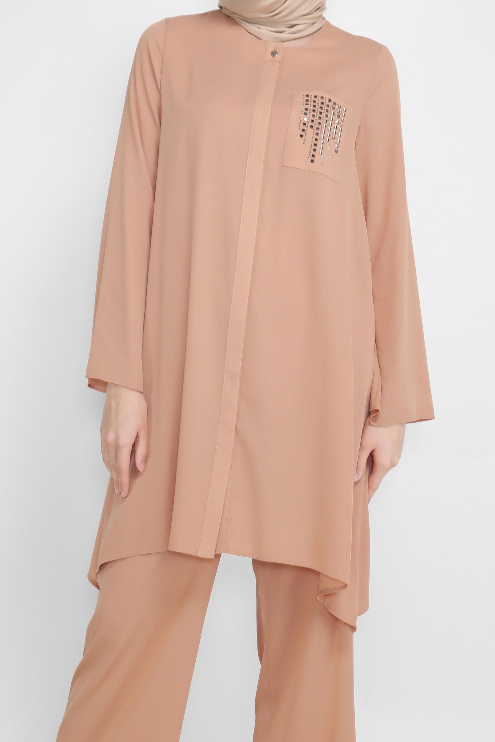 Tesettür giyim PUDRA KUŞAKLI GİZLİ DÜĞMELİ PANTOLONLU TAKIM 40792
