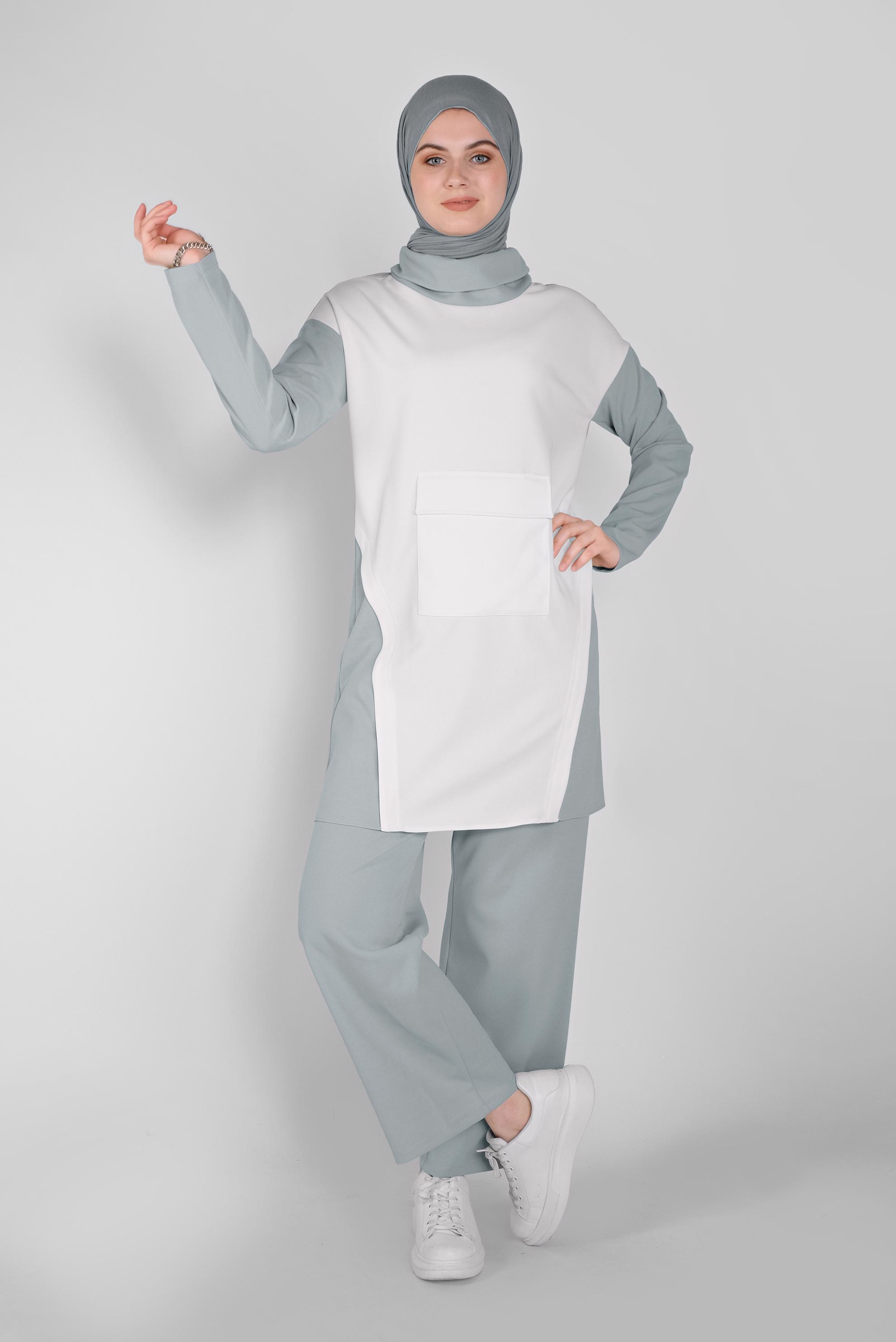 Tesettür giyim GRİ BOĞAZLI CEPLİ PANTOLONLU TAKIM 40802 