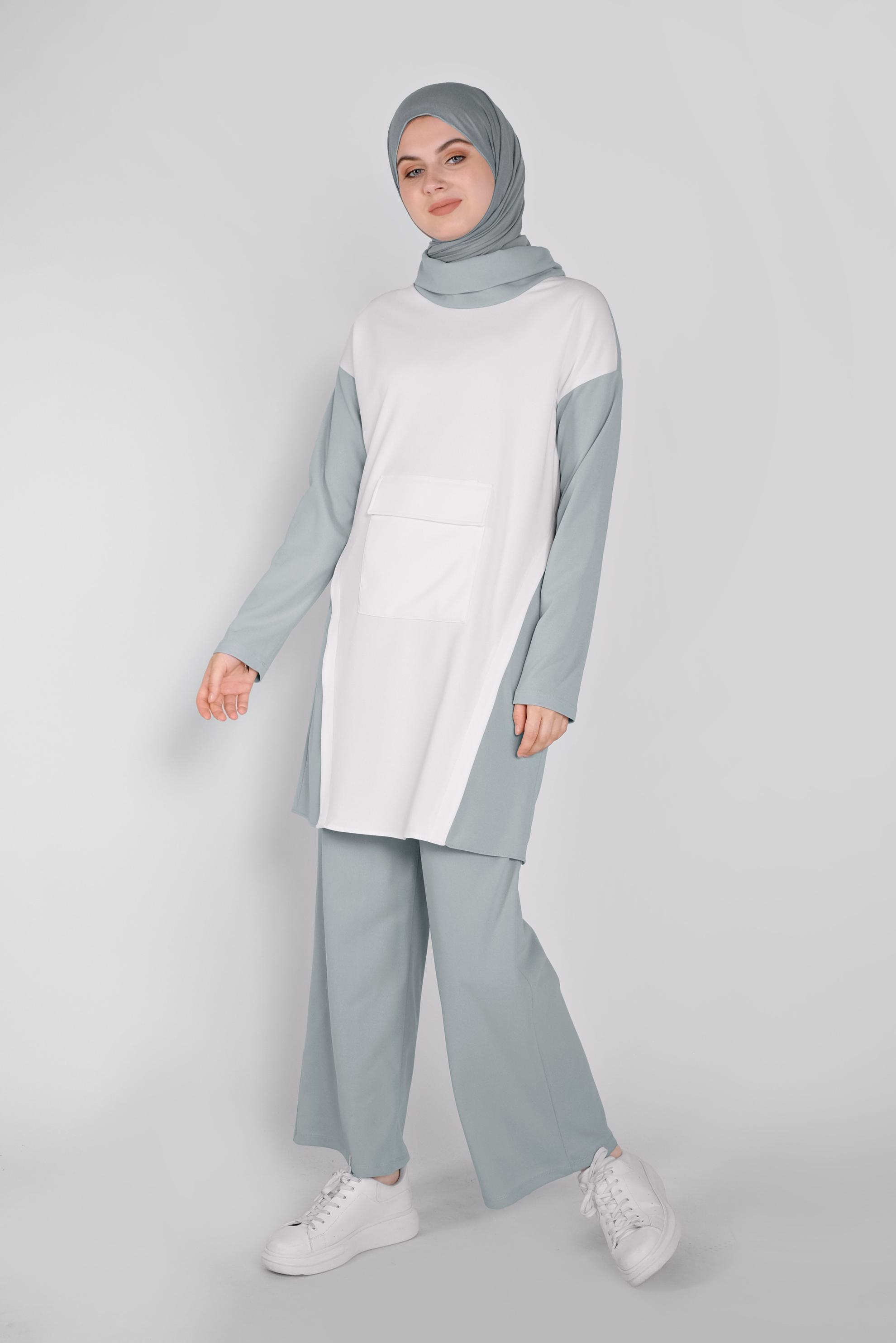 Tesettür giyim GRİ BOĞAZLI CEPLİ PANTOLONLU TAKIM 40802 