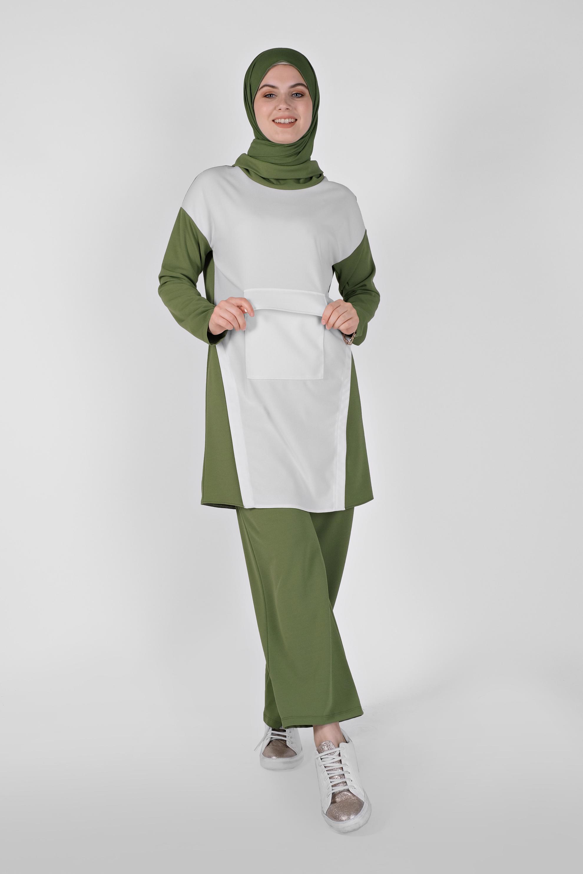 Tesettür giyim HAKİ BOĞAZLI CEPLİ PANTOLONLU TAKIM 40802 