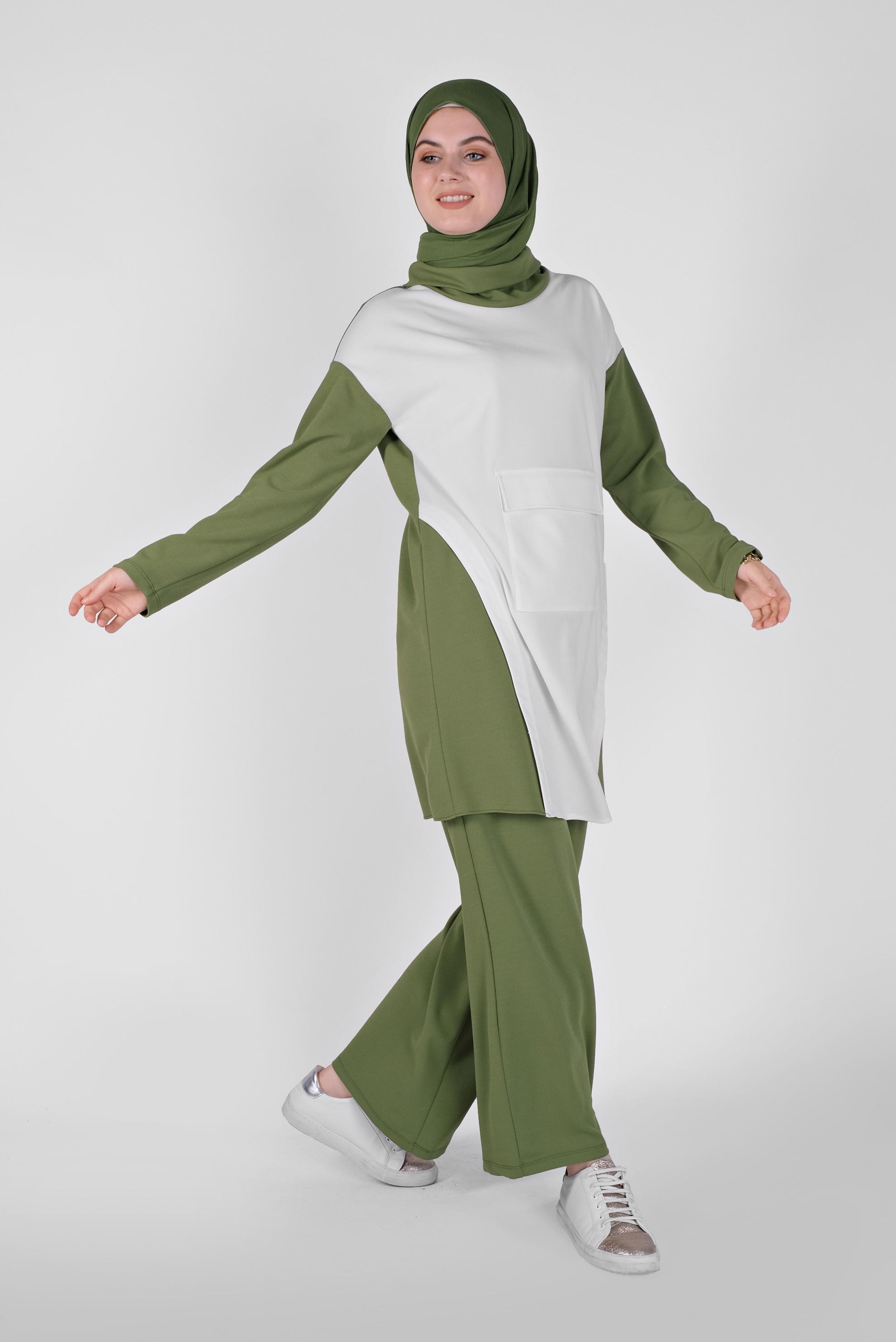 Tesettür giyim HAKİ BOĞAZLI CEPLİ PANTOLONLU TAKIM 40802 