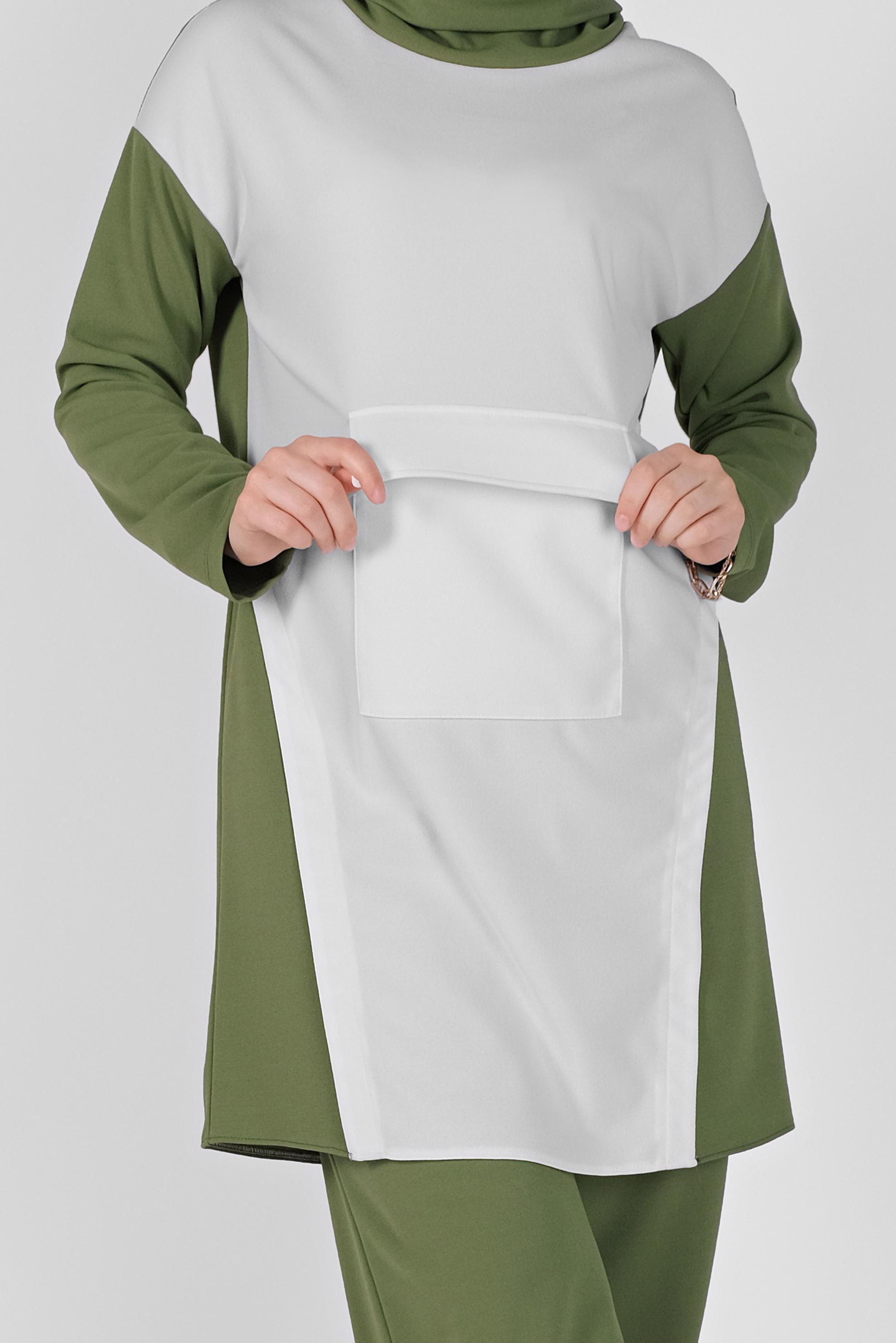 Tesettür giyim HAKİ BOĞAZLI CEPLİ PANTOLONLU TAKIM 40802 