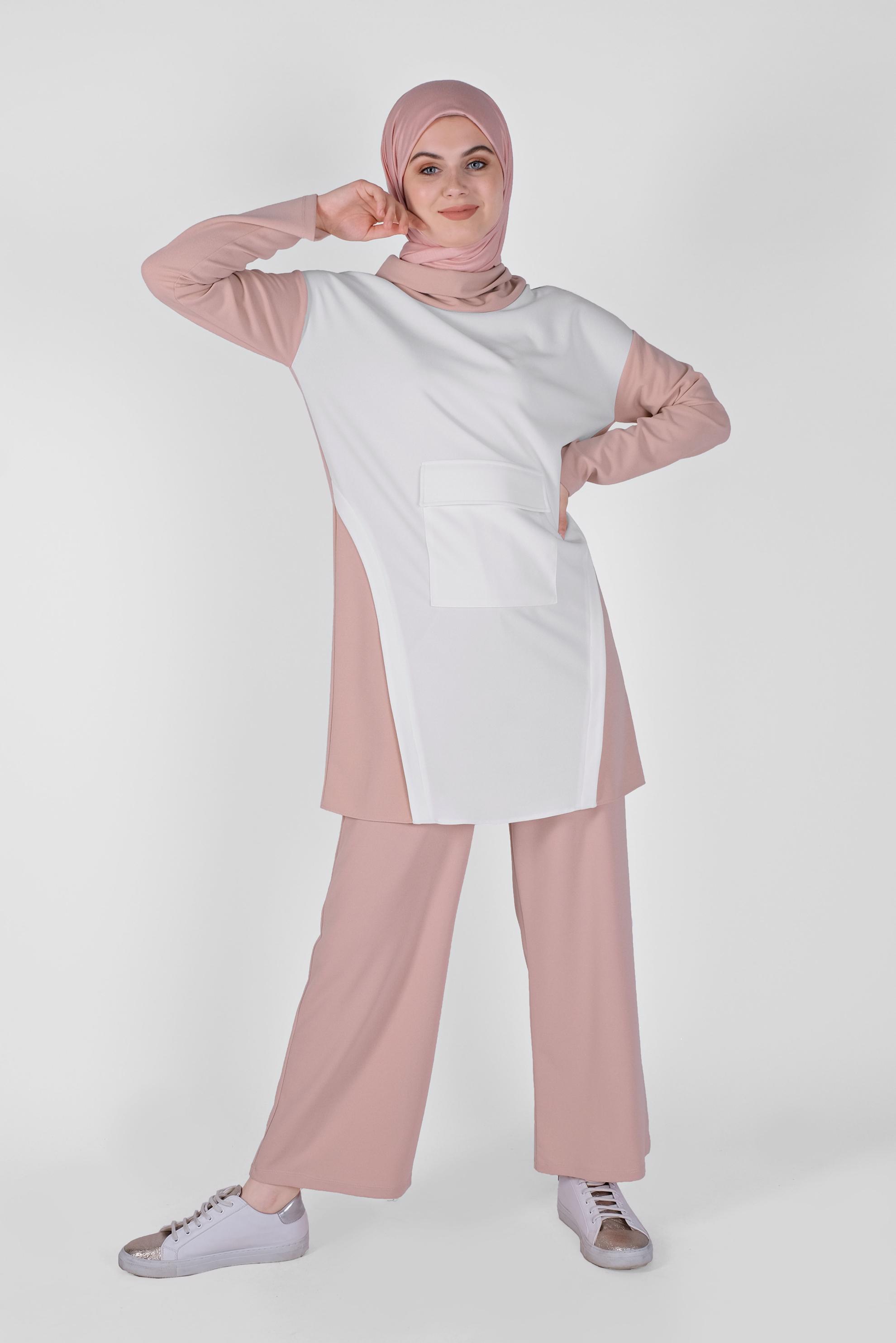Tesettür giyim PUDRA BOĞAZLI CEPLİ PANTOLONLU TAKIM 40802 