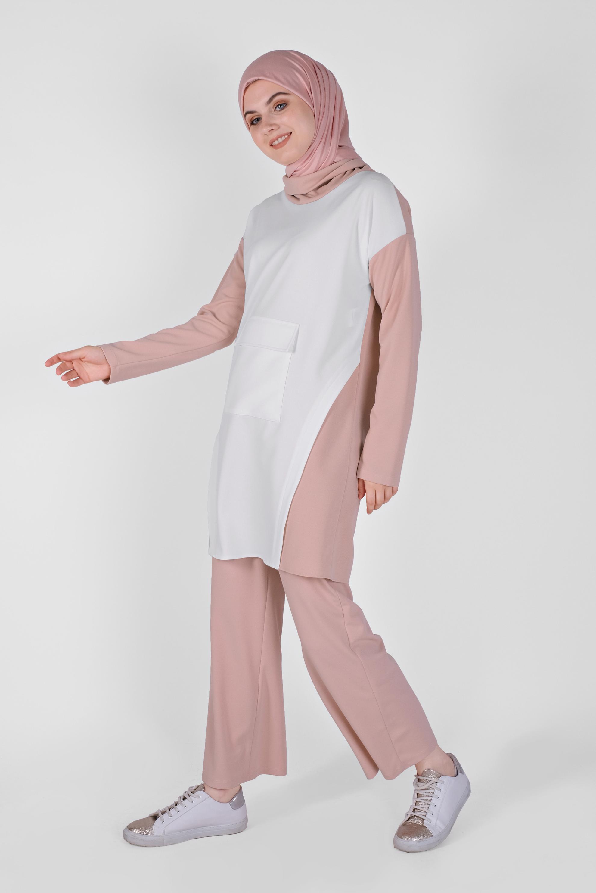 Tesettür giyim PUDRA BOĞAZLI CEPLİ PANTOLONLU TAKIM 40802 